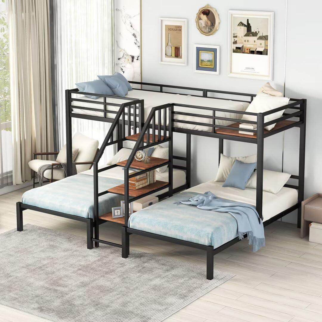 JIJIWANG Twin Triple Bunk Bed for 3 Kids, Metal L-Shaped Bunk Bed Frame with Staircase, No Box Spring Needed, Black JIJIWANG