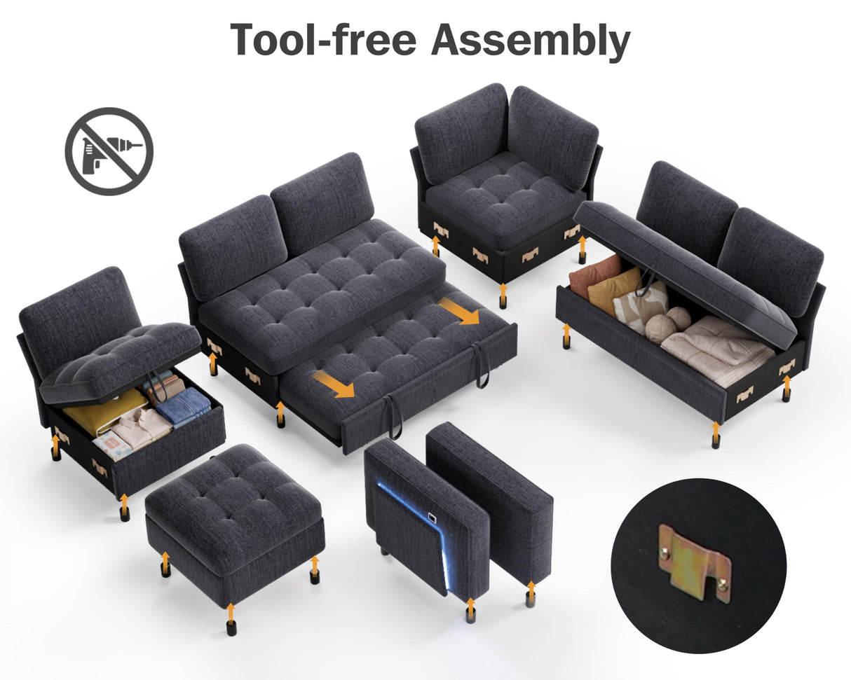 Vipbear 7 Seat L Shaped Modular Sectional Sleeper Sofa Bed with Ottoman/Pull Out Bed/Reclining Backrest/USB Ports/Table/LED Light/Storage Seat, Tool-Free Assembly, Chenille Dark Grey Vipbear