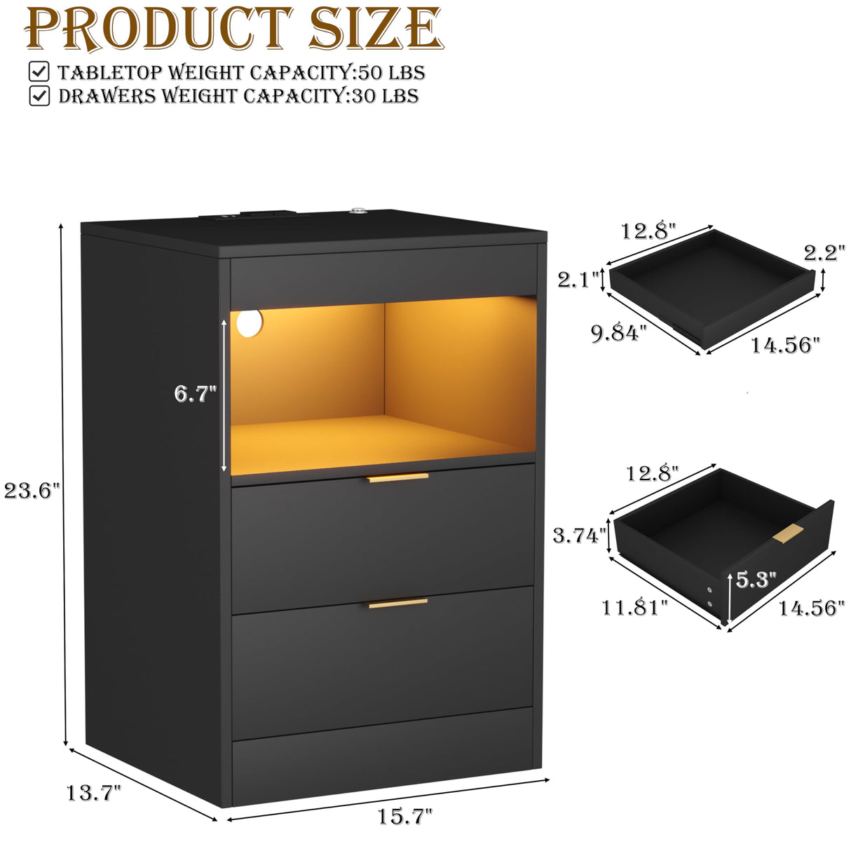 Yusong Night Stand with Gun Drawer & Invisible Lock, Bedside Table, LED Nightstand with Charging Station, Modern Night Stand, Wood Sofa Couch End Side Table with 2 Pull-Out Shelf, Black Yusong