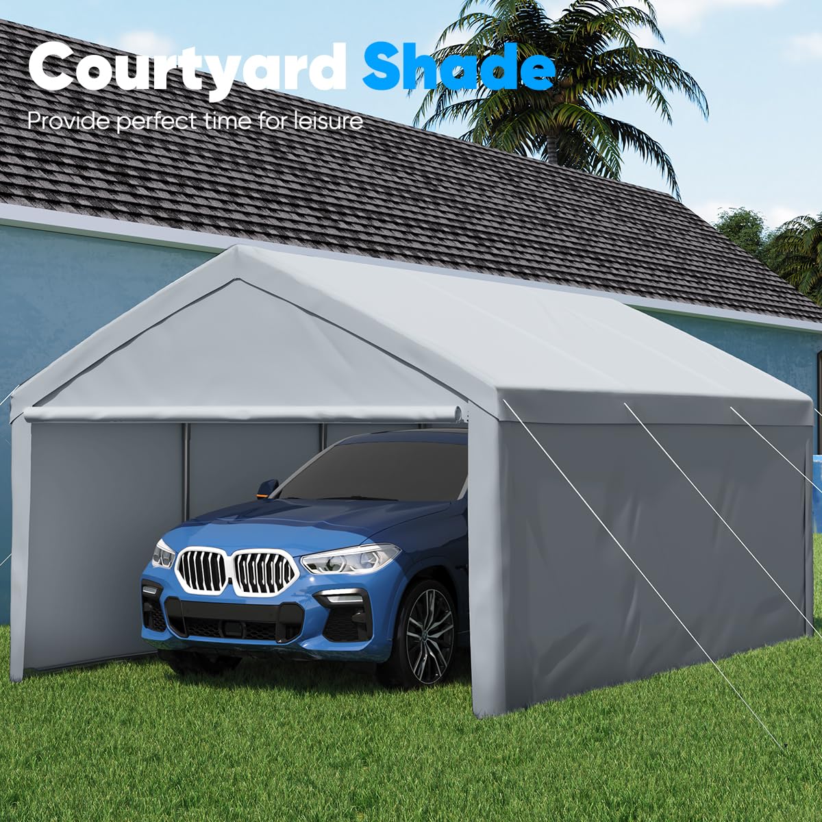 Quictent 13’x20’ Heavy Duty Carport Car Canopy Galvanized Car Boat Shelter with Removable Sidewalls, Reinforced Top Poles and Ground Bar-Grey Quictent