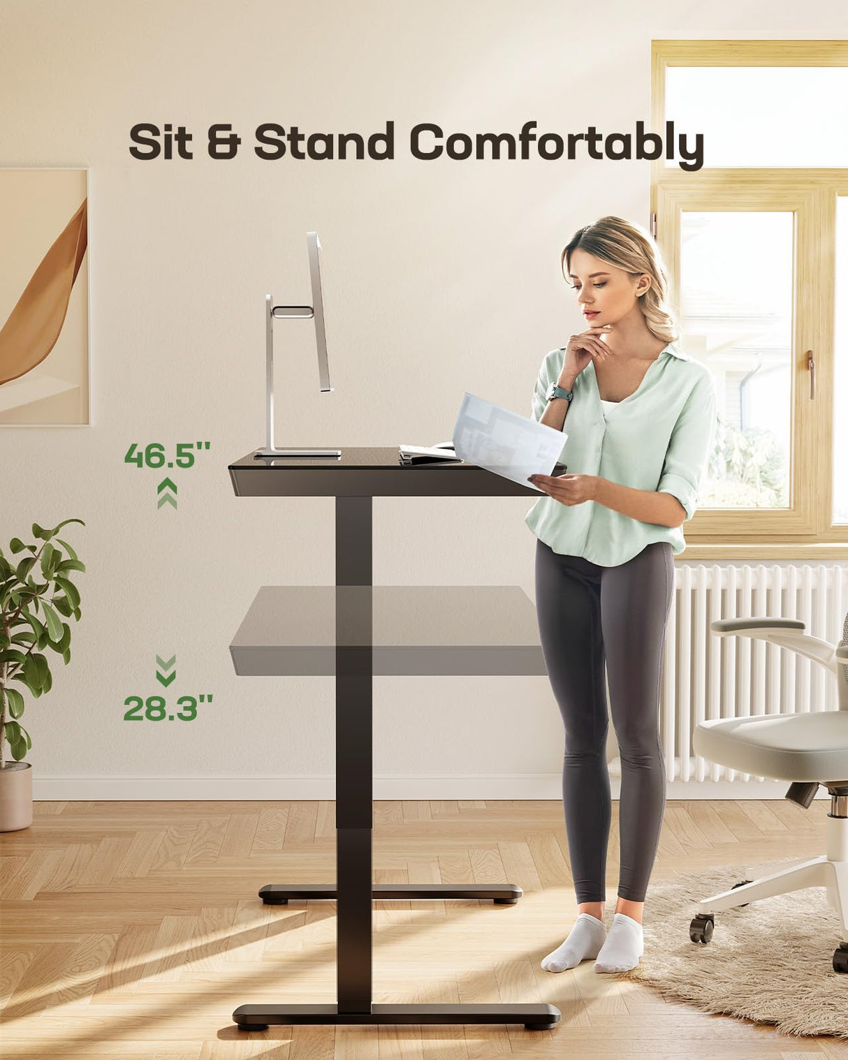 Marsail Glass Standing Desk with Drawer, 48 x 24 inch Electric Standing Desk, Height Adjustable Desk with One-Piece Tabletop & USB Charging Ports, Sit Stand Desk with Storage for Home & Office Black Marsail