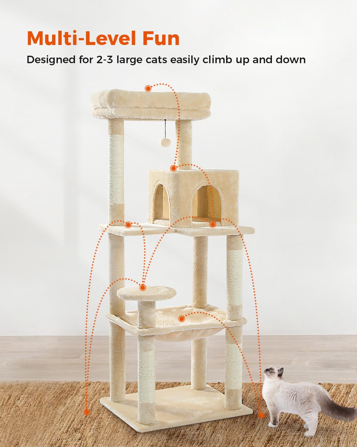 MUTTROS Cat Tree for Large Cats Adult with Metal Plush Big Hammock, 56.3" Cat Tower with 2 Door Condo House, 6-Tier Cat Shelves with Scratching Posts and Large Top Perch, Beige MUTTROS