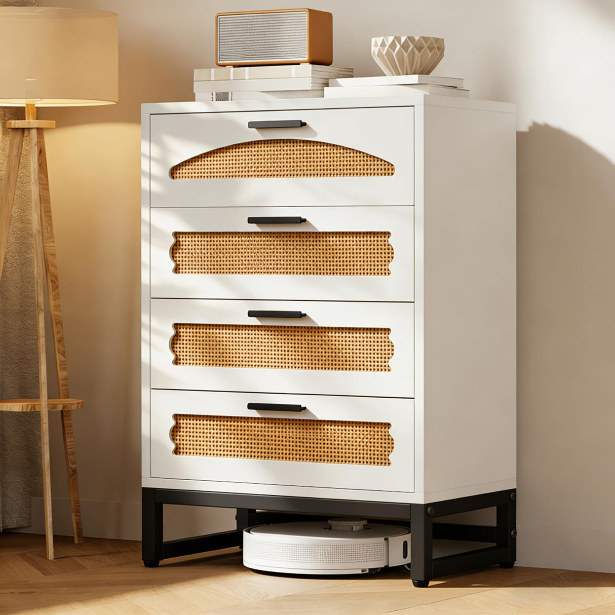 Mericonia 4 Drawer Rattan Dresser for Bedroom, Wood Tall Dresser for Closet with Metal Handles, Boho Nightstand Sets, Dressers & Chests of Drawers for Bedroom, Hallway and Entryway, White Mericonia