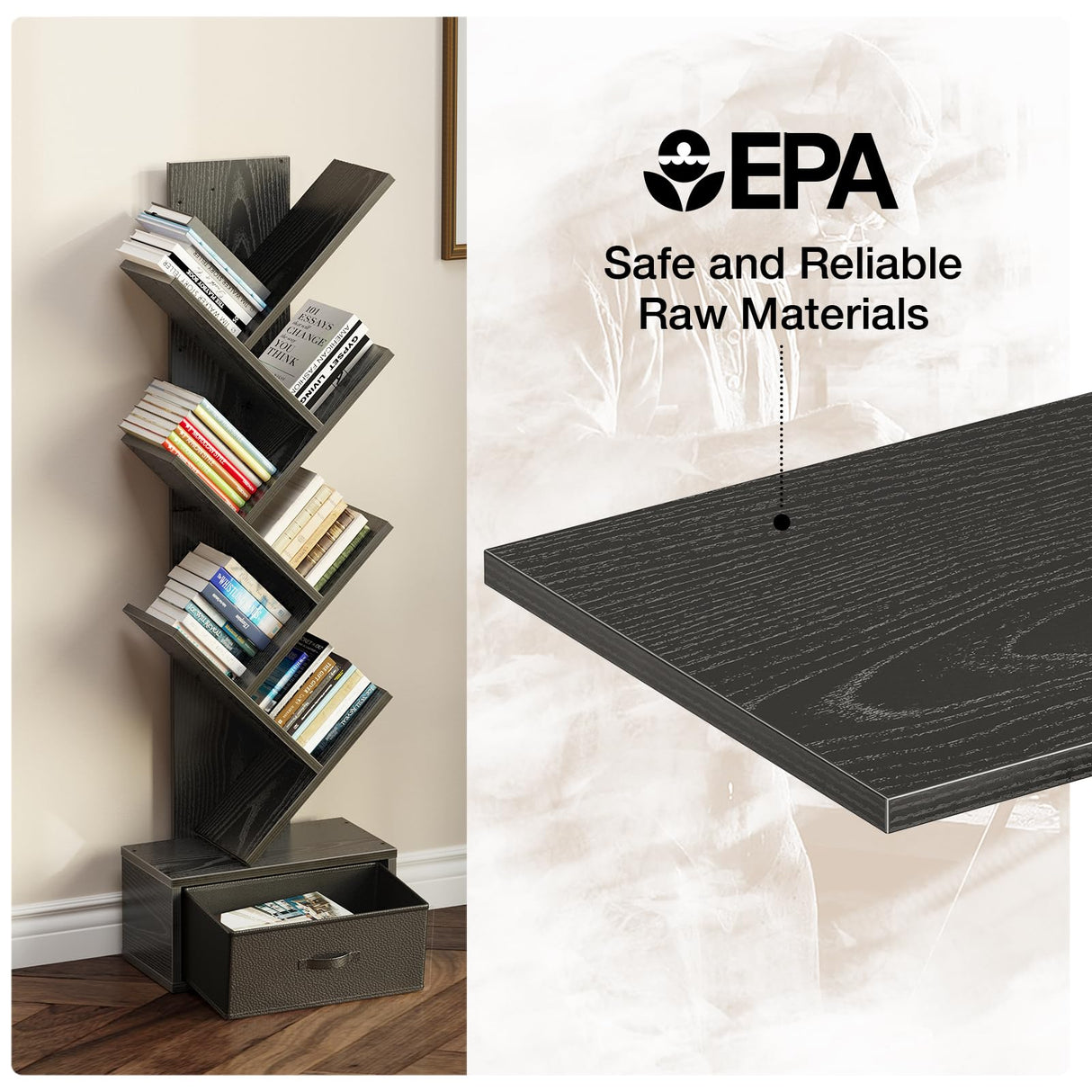 Rolanstar 7 Tier Bookshelf with Drawer, Tree Bookshelf, Small Bookshelves with Storage Rack for CDs/Movies/Books, Standing Book Shelf, Tall Narrow Bookcase for Living Room, Bedroom, Black Rolanstar