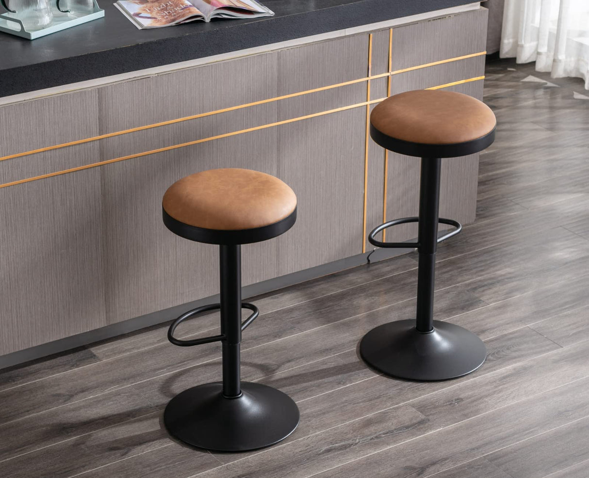 EALSON Modern Swivel Bar Stool Adjustable Counter Height Backless Barstools with Metal Base Leather Upholstered Round Bar Stool Chairs for Kitchen Island/Pub/Breakfast Bar, Brown 1PC EALSON