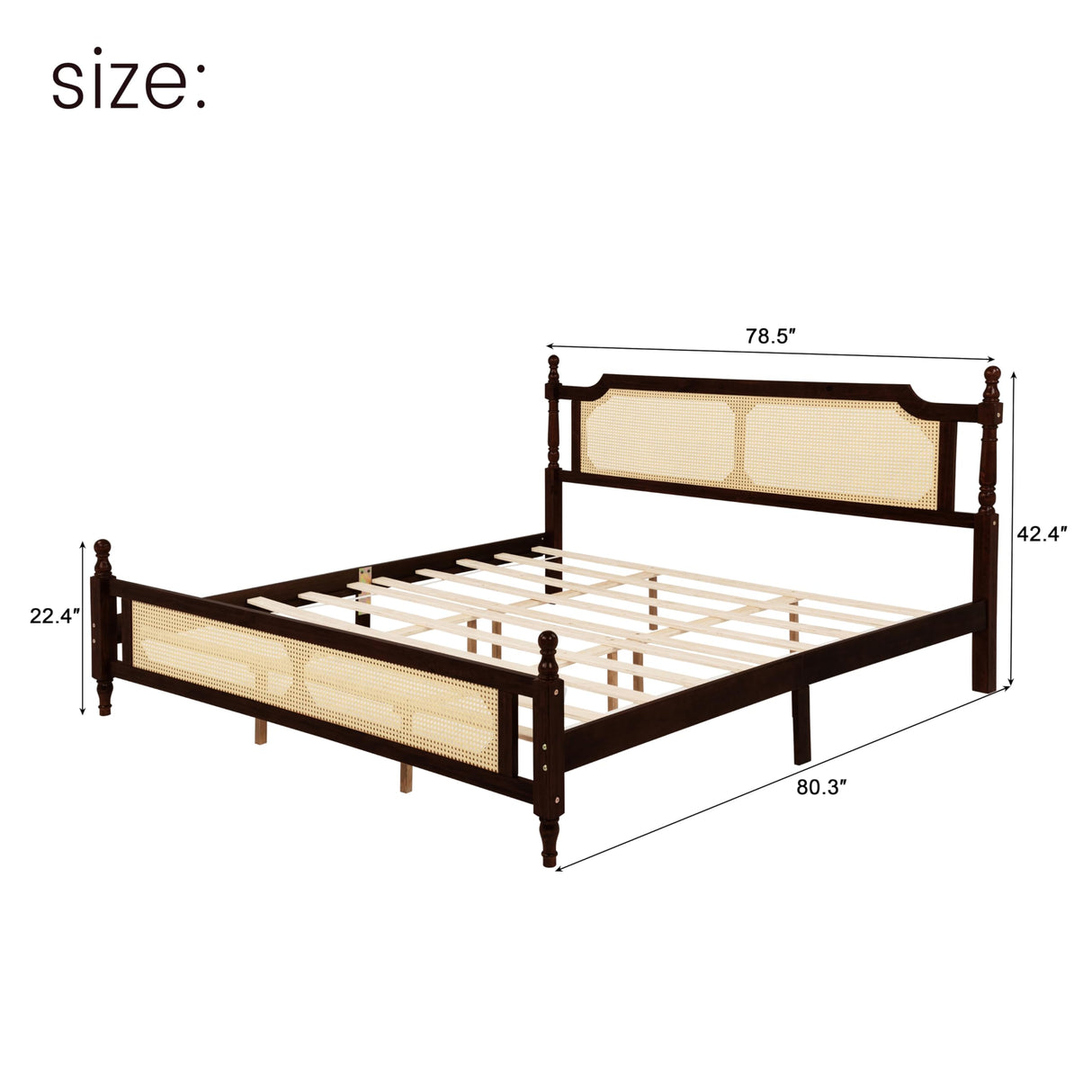 Pine Wood Bed Frame with Rattan Headboard, King Size - Modern Farmhouse Platform Bed, Sturdy Wooden Slat Support, No Box Spring Needed, Easy Assembly, Espresso SSFEG