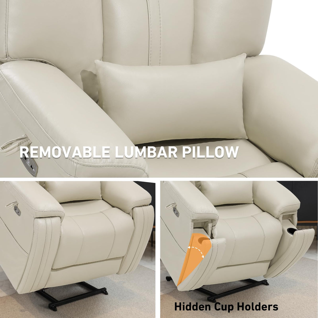 EONIX Triple Motor Lay Flat Power Lift Recliner Chair for Elderly with Adjustable Headrest, 400lbs Electirc Lift Chair for Living Room, Lumbar Pillow, Extended Footrest, Cream White EONIX