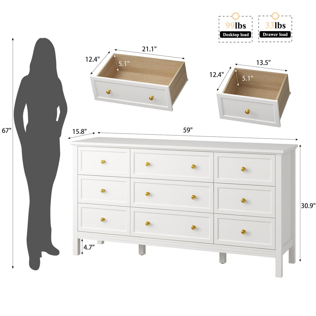 LYNSOM 59" White Dresser for Bedroom, 9 Drawer Wood Dresser with Gold Handles, Wide Large Dressers & Chests of Storage Drawers for Hallyway, Entryway LYNSOM