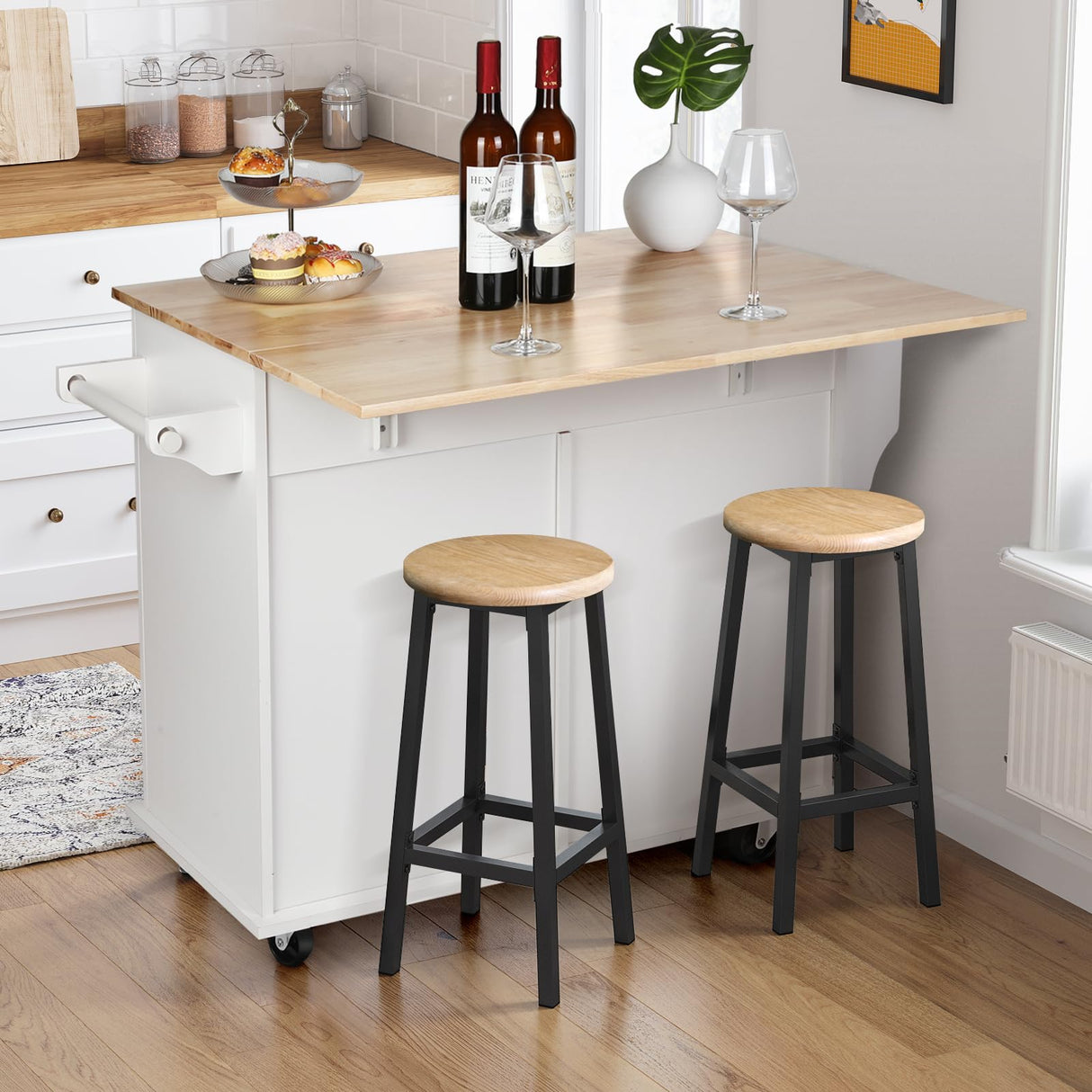 VOWNER 43" Kitchen Island with Drop Leaf, Island Table Kitchen with Storage, Solid Wood Countertop Rolling Kitchen Cart for Kitchen, Living Room VOWNER