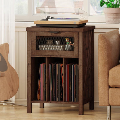 BON AUGURE Record Player Stand with Vinyl Storage, Farmhouse Record Player Cabinet End Table Holds up to 160 Albums, Brown Turntable Stand for Living Room, Bedroom, Office (Rustic Oak)