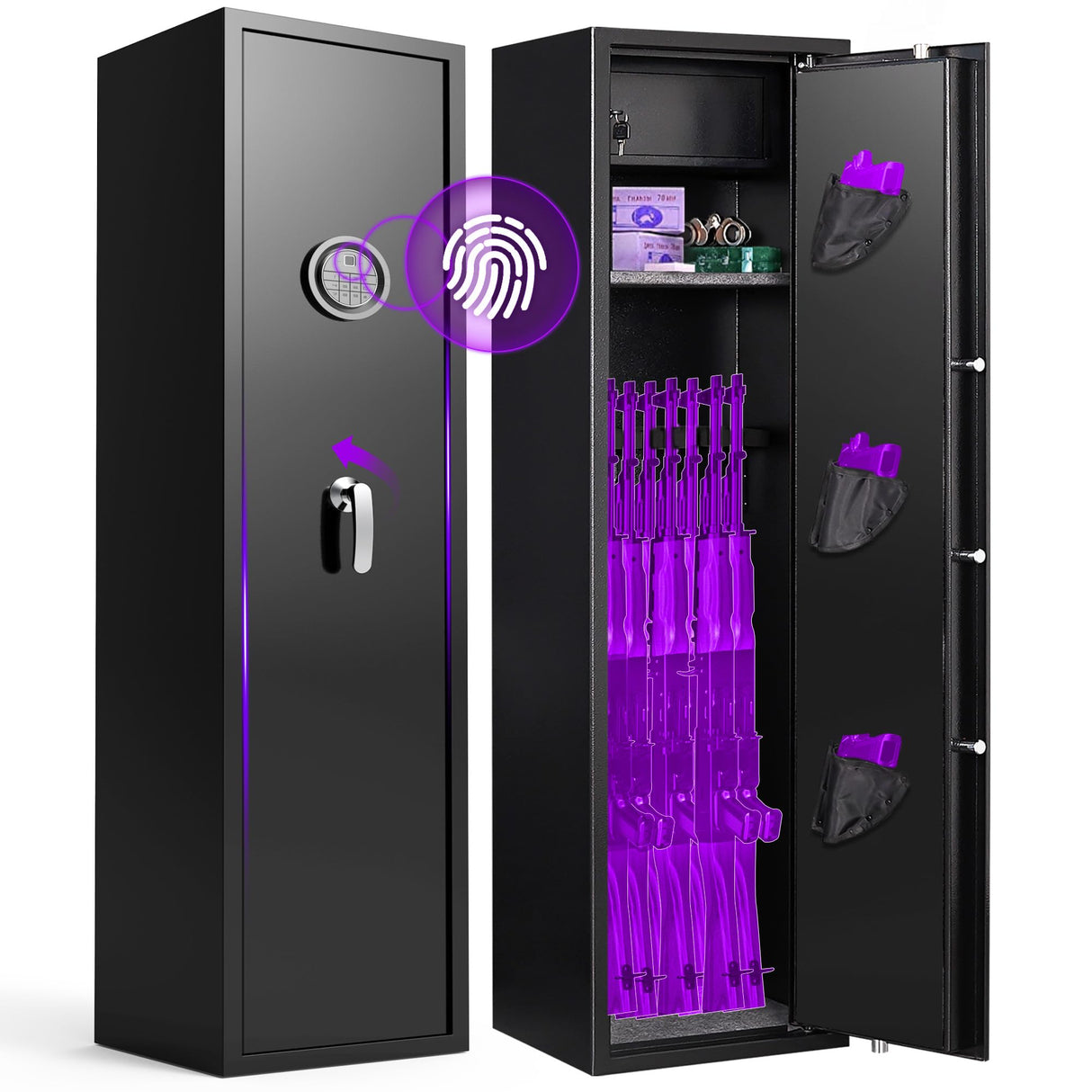 8-10 Rifle Safe for Home, Biometric Fingerprint, Password and Keys Gun Locker, 57.1" Tall Gun Safe No Assembly Required, Gun Safe for Rifles with Led Light, Black Firearm Safe, Alarm System Marcree