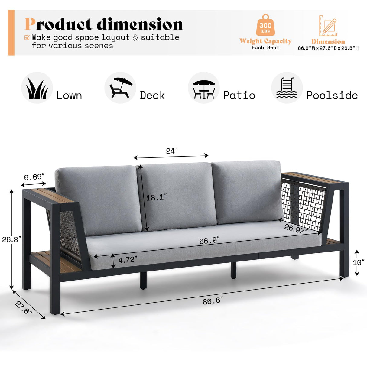 LUXOAK Outdoor Aluminum Patio Sofa, Modern 3-Seater Tool-Free Assembly Couch with Side Table Armrest, Deep Seating with Thick Cushions, Weatherproof Backyard Furniture for Porch, Balcony, Deck LUXOAK
