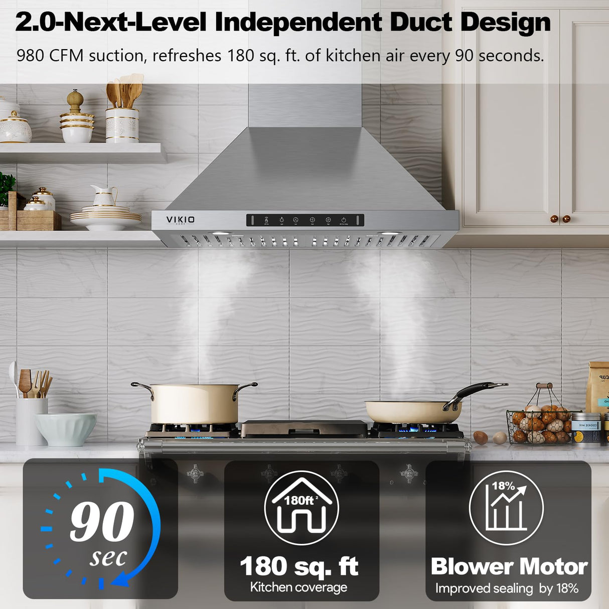 VIKIO HOME Wall Mount Range Hood 30 inch,Kitchen Vent Hoods 980 CFM Ducted/Ductless Range Hood,with Gesture Sensing & Touch Control Switch Panel, 3 Speed Exhaust Fan Permanent Filter VIKIO HOME