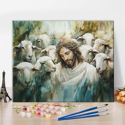 Jesus Paint by Numbers Kit for Adults Beginners, DIY Sheep Acrylic Paint by Numbers Kits on Canvas, Christian Oil Painting for Adults, Art Crafts for Home Wall Decor 16"x20"(Frameless)