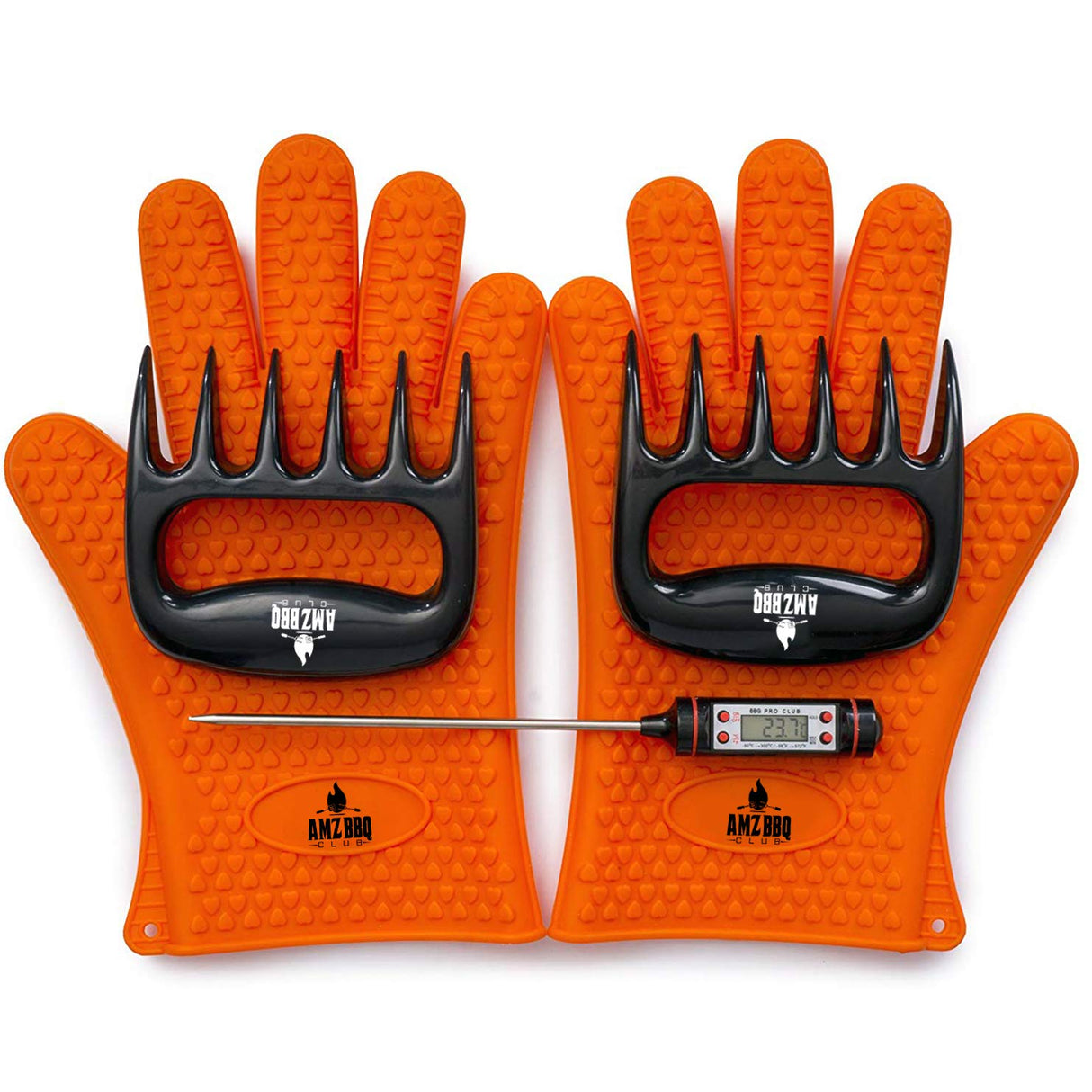 AMZ BBQ CLUB - Meat Claws Bbq Grill Accessories Set - 2 Silicone Gloves, Claws For Pulled Pork, BBQ Thermometer - Perfect Smoker Accessories Grilling Tools Gift Set For (Orange Glove-Thermometer-Claw) AMZ BBQ CLUB