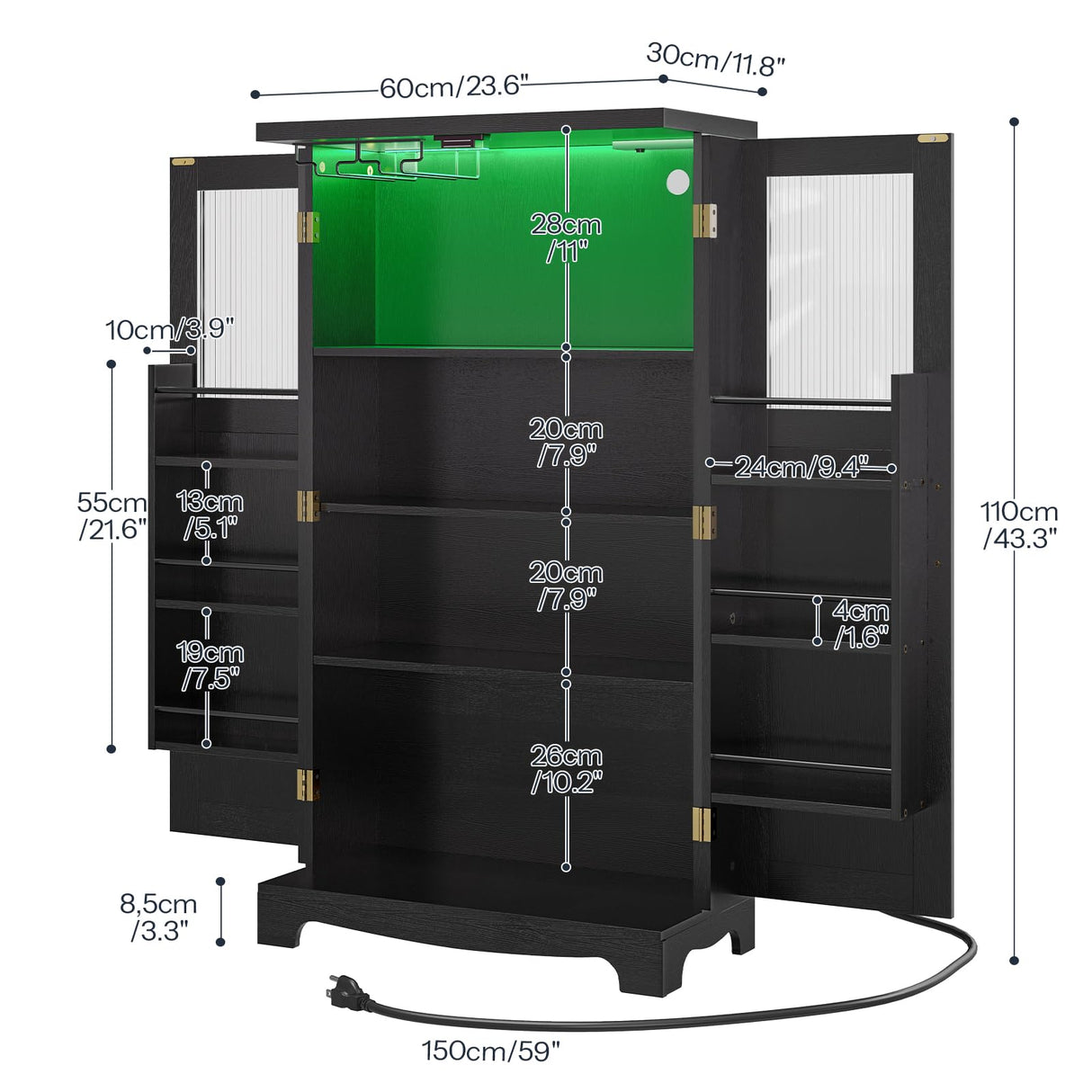 HOOBRO 43" Kitchen Pantry Cabinet, kitchen Storage Cabinet with Power Outlets, Pantry Cabinet with LED Lights and Adjustable Shelf, Pantry Glass Doors Holders, for Kitchen, Dining Room, Black and Gold HOOBRO