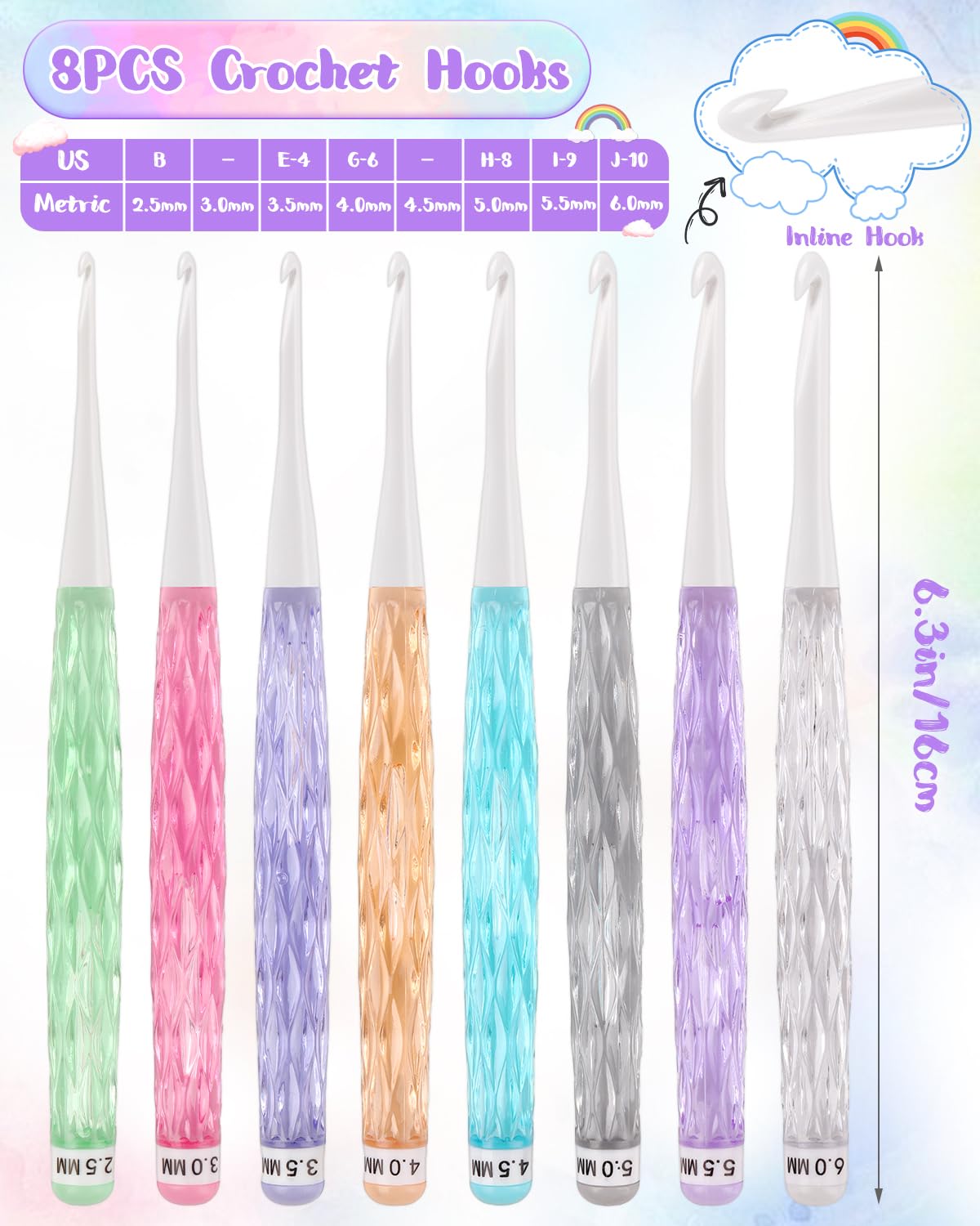 Coopay Inline Crochet Hooks, 8 Sizes Crochet Hook Set 2.5mm(C)-6mm(J), See-Through Plastic Handle, Ergonomic & Pretty, Ideal for Crocheting Blankets, Dolls, Shawls, Hats, Scarves Coopay