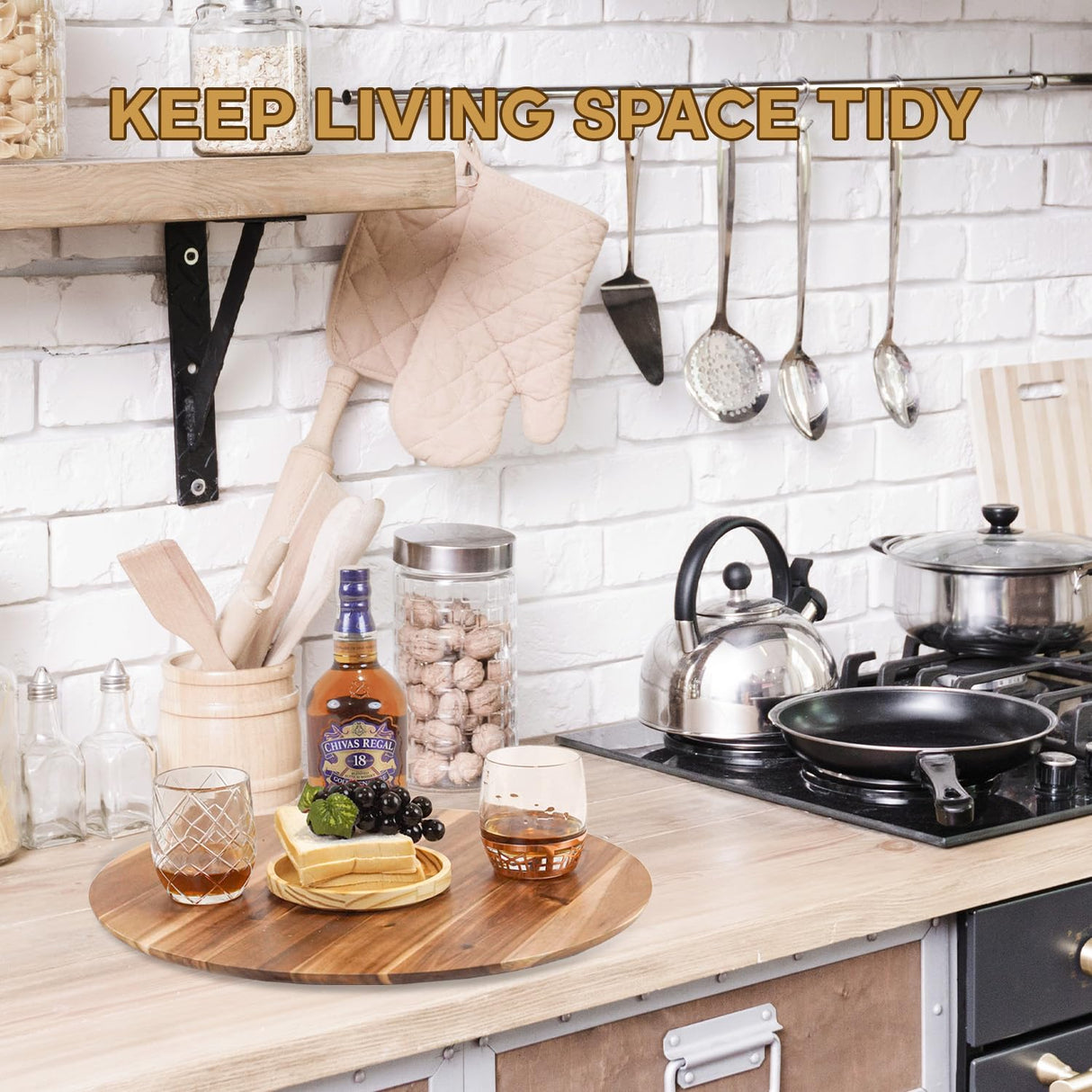 Nabytok Dia.21 Acacia Wood Lazy Susan, Wood Turntable Organizer, Turntable Tray for Cabinet, Pantry, Countertop, Table Organization, Wooden Charcuterie Boards, Turntable Storage Container Nabytok
