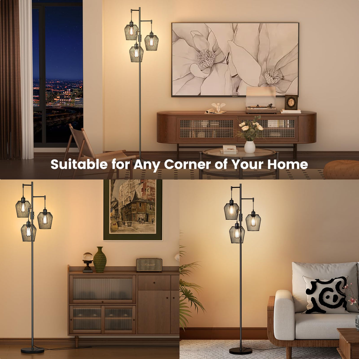 SIBRILLE Dimmable Floor Lamp, Farmhouse Industrial Floor Lamp with Elegant Cage & 3 x 1000LM LED Bulbs, Tall Standing Lamp Modern Floor Lamp Black Tree Floor Lamps for Living Room Bedroom Office SIBRILLE