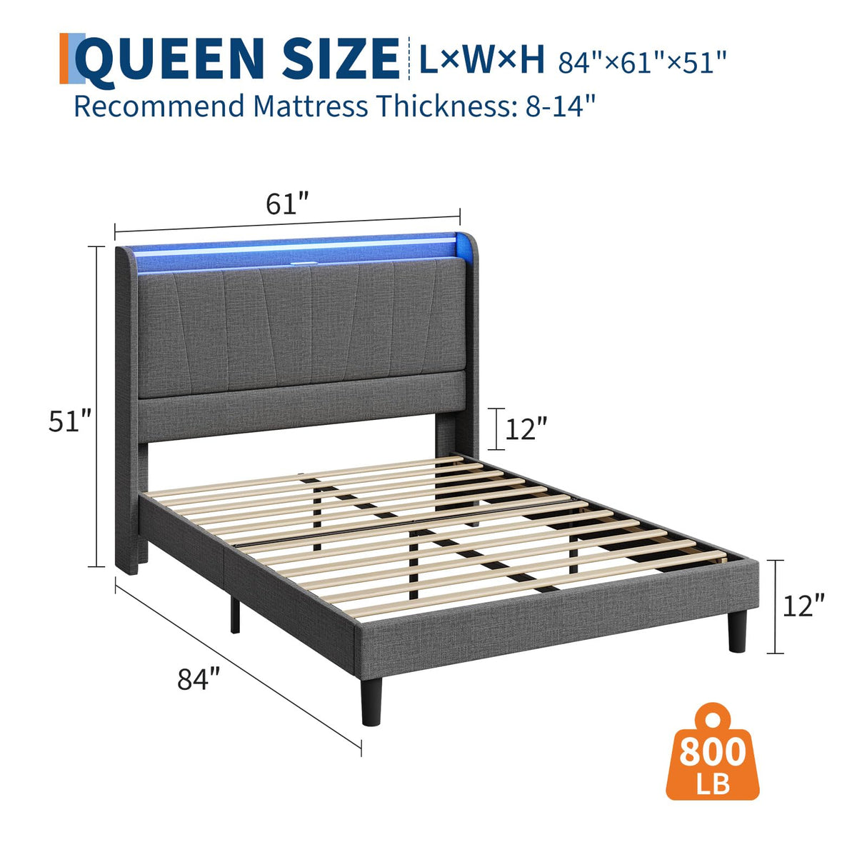 SLEKVERSA Queen Size Bed Frame with LED Lights and Charging Station, Fabric Upholstered Platform Queen Bed Frame with Headboard, No Box Spring Needed Bedframe, Noise Free, Easy Assembly, Gray SLEKVERSA