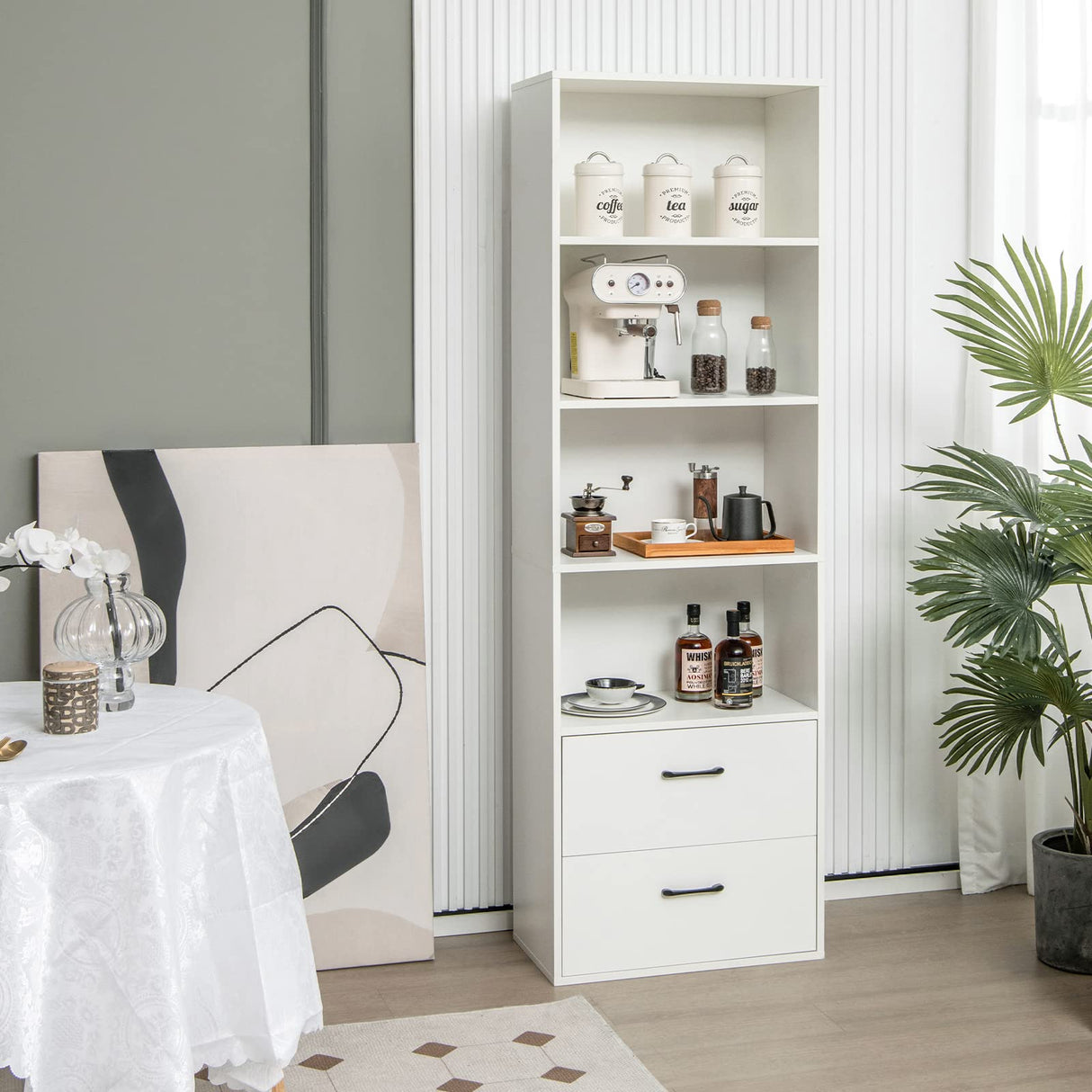 LOKO Modern 74-Inch Tall Bookcase with 2 Drawers & 4 Open Shelves in White LOKO