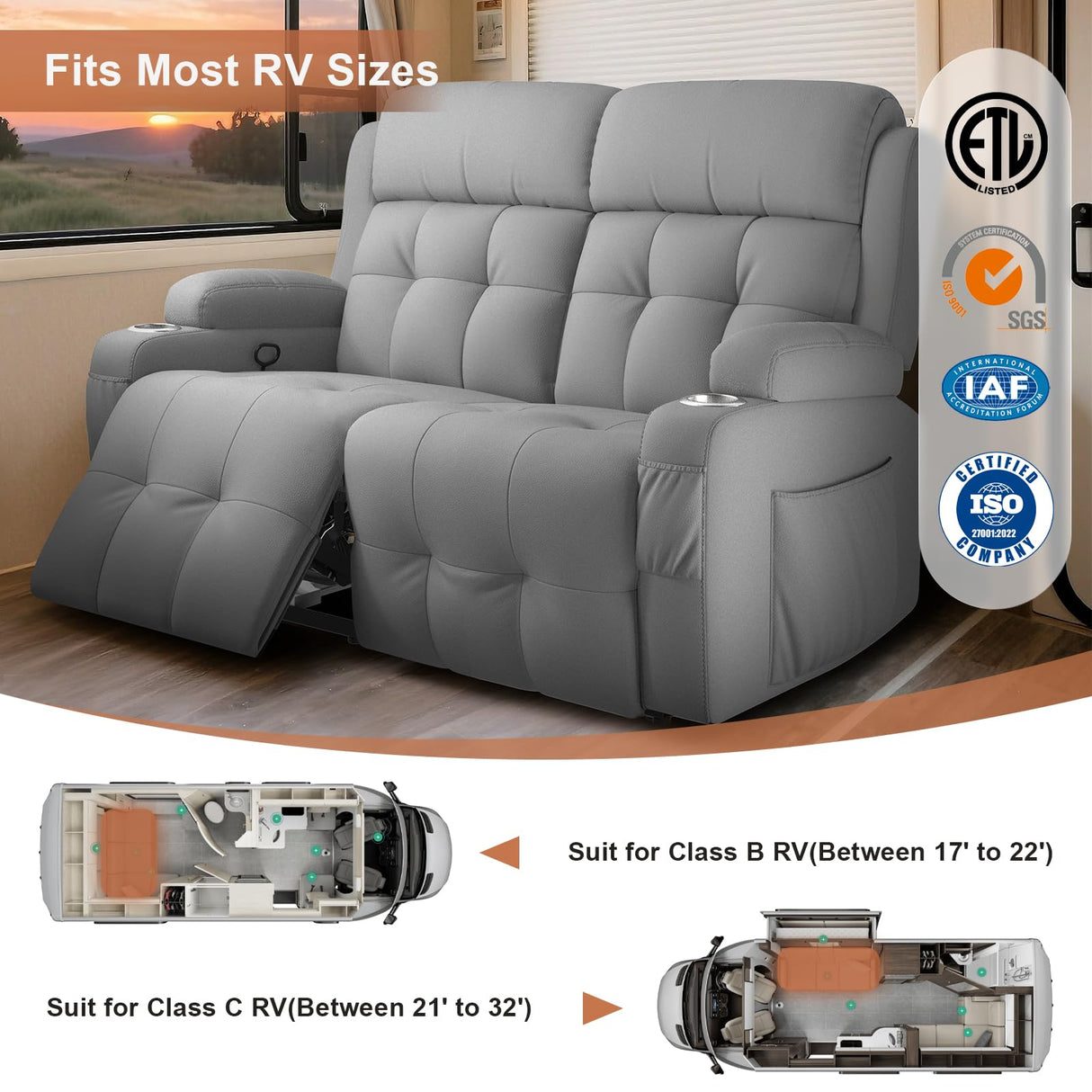 RV Loveseat Recliner Sofa, Oversized Massage Wall Hugger Recliner Couch with Side Pockets, Cup Holders, Reclining Sleeper, 150° Adjustable Recline & Padded Armrests, for RV (Light Gray, Loveseat) Tiooii