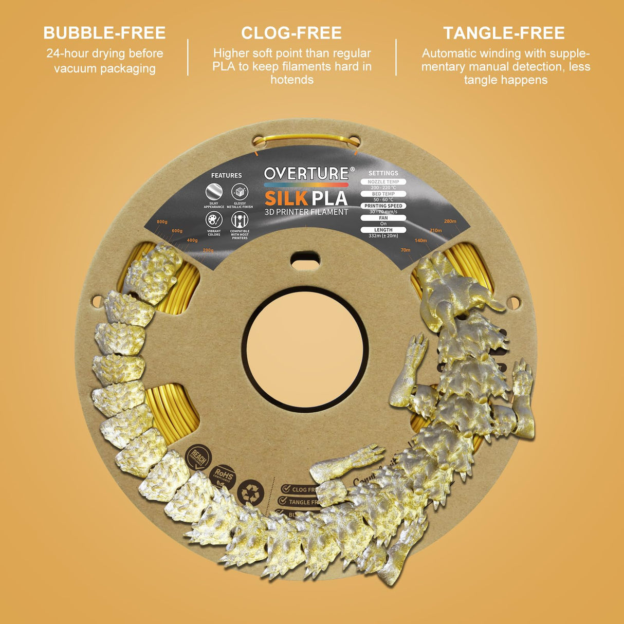 OVERTURE Silk PLA 1.75mm Dual Color Filament, Clog-Free Shiny 3D Printer Filament, 1kg Spool(2.2lbs), Dimensional Accuracy +/- 0.02 mm, Fit Most FDM Printer(Silk Gold-Silver) OVERTURE