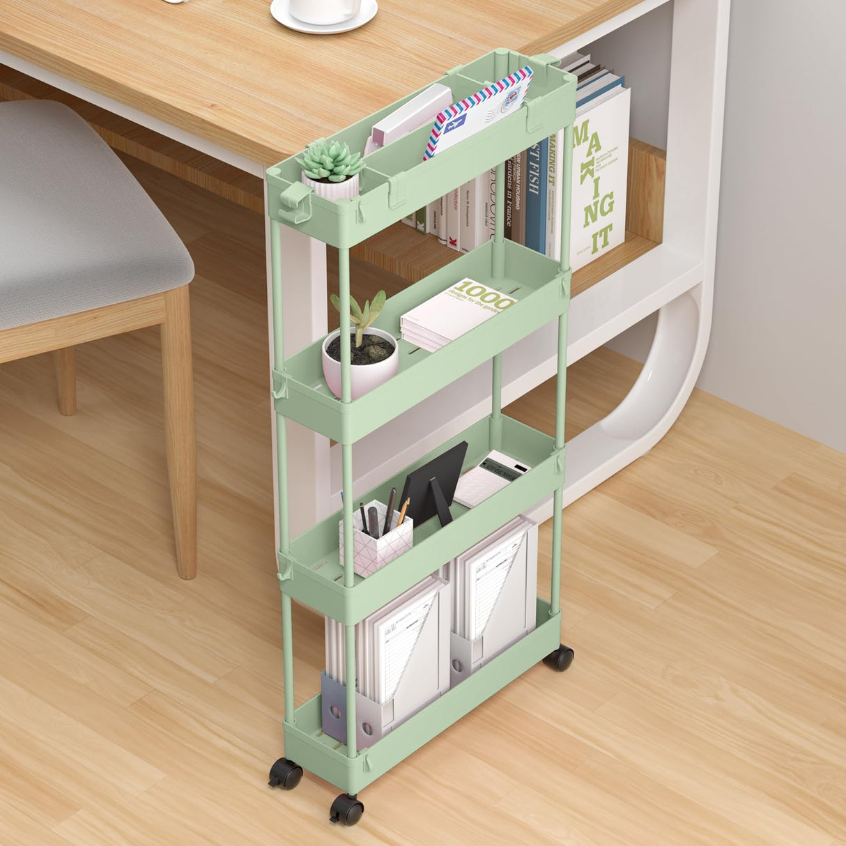 SPACELEAD Slim Storage Cart 4 Tier,Bathroom Organizer Rolling Utility,Mobile Shelving Unit Slide Out for Office, Kitchen, Laundry Room & Narrow Places,Green SPACELEAD