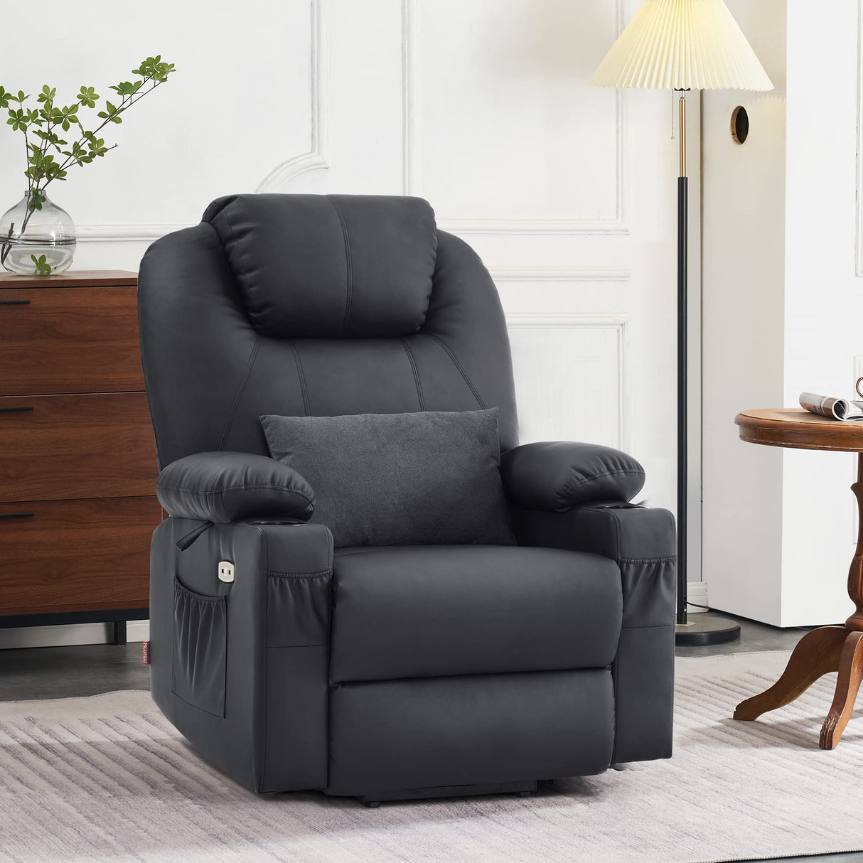 MCombo Dual Motor Large Power Lift Recliner Chair for Elderly, Lay Flat Lift Chair with Heat and Massage, Big Lift Recliner for Tall People, Faux Leather 7815 (Black, Large) MCombo