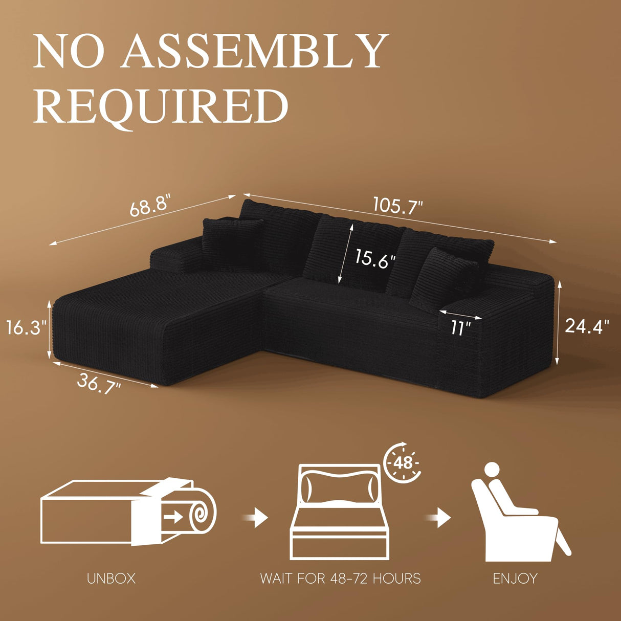 GLAMOUT 105" Convertible Sectional Couch with L-Shape Chaise, Modern Modular Sofa with Deep Seat, 3-Seater Comfy Cloud Couches for Living Room, Bedroom, No Assembly Required, Black GLAMOUT