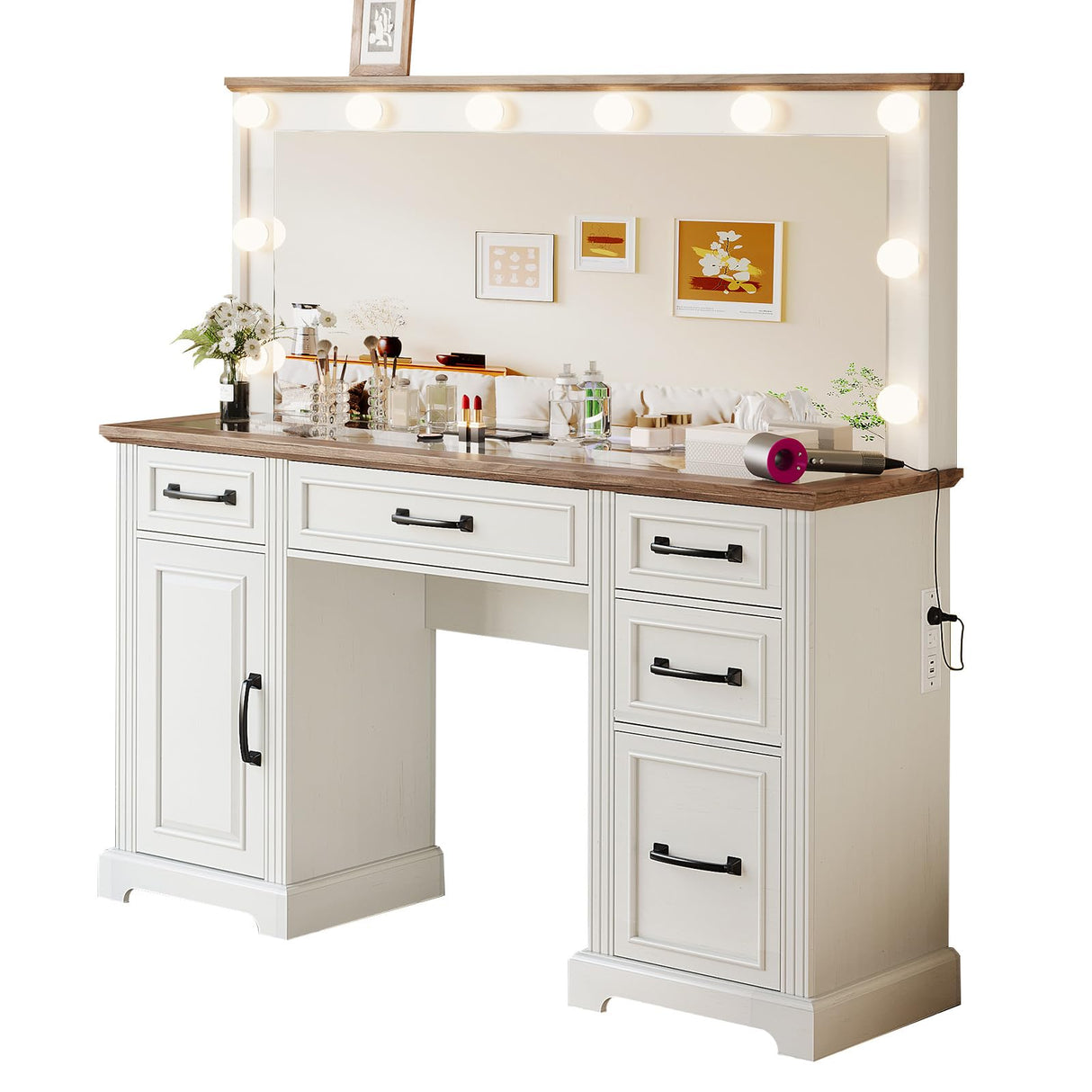 LUXOAK 55'' Farmhouse Vanity Desk with Mirror and Lights, Large Makeup Table with Charging Station, Glass Tabletop & 5 Drawers, Rustic Dressing Table for Bedroom, Antique White LUXOAK
