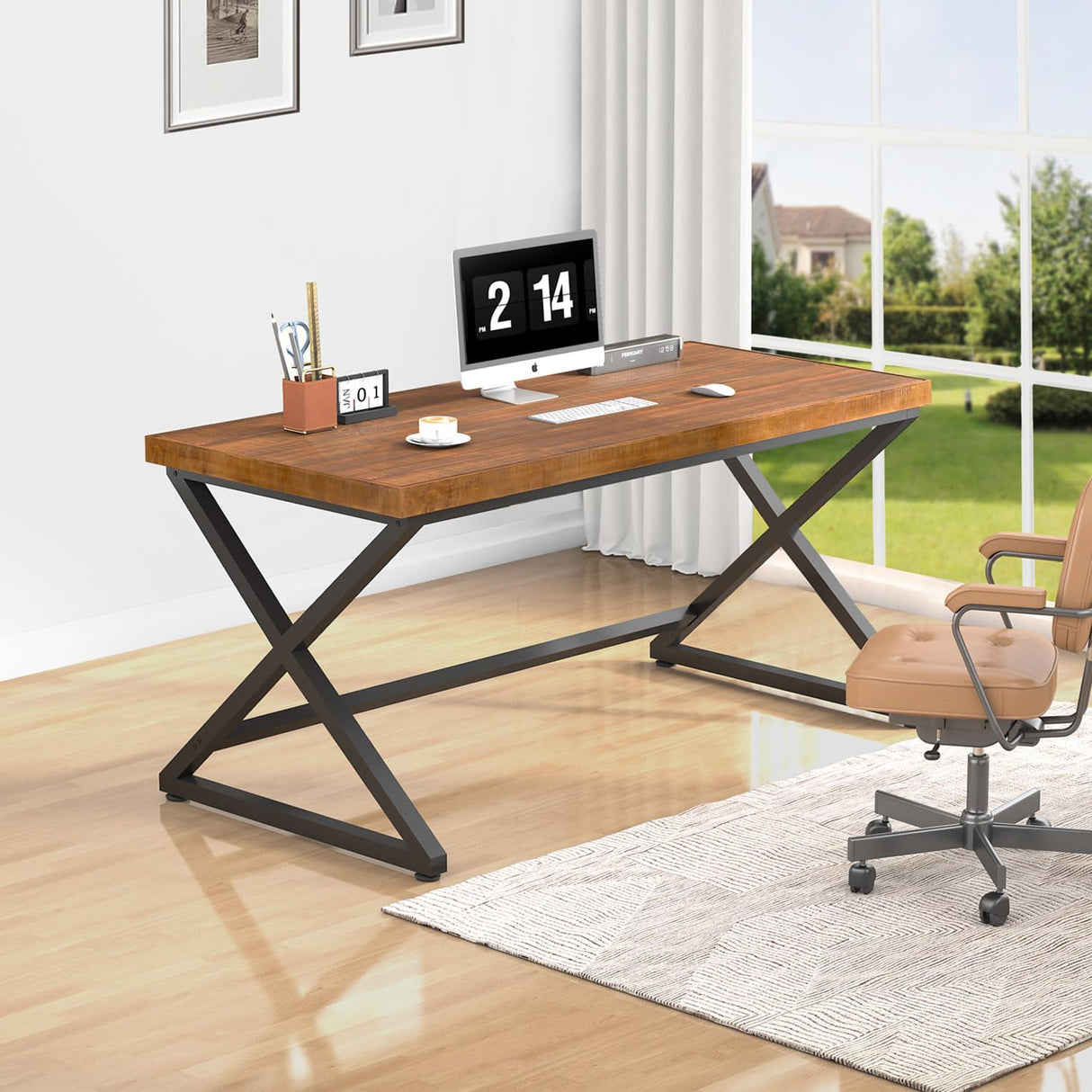 IBF Solid Wood Computer Desk, Rustic 55” Real Wood Home Office Work Desk, Farmhouse Natural Wood Desk for Writing Study, Simple Fir Wooden PC Table Workstation for Living Room Bedroom, Brown, 55 inch IBF