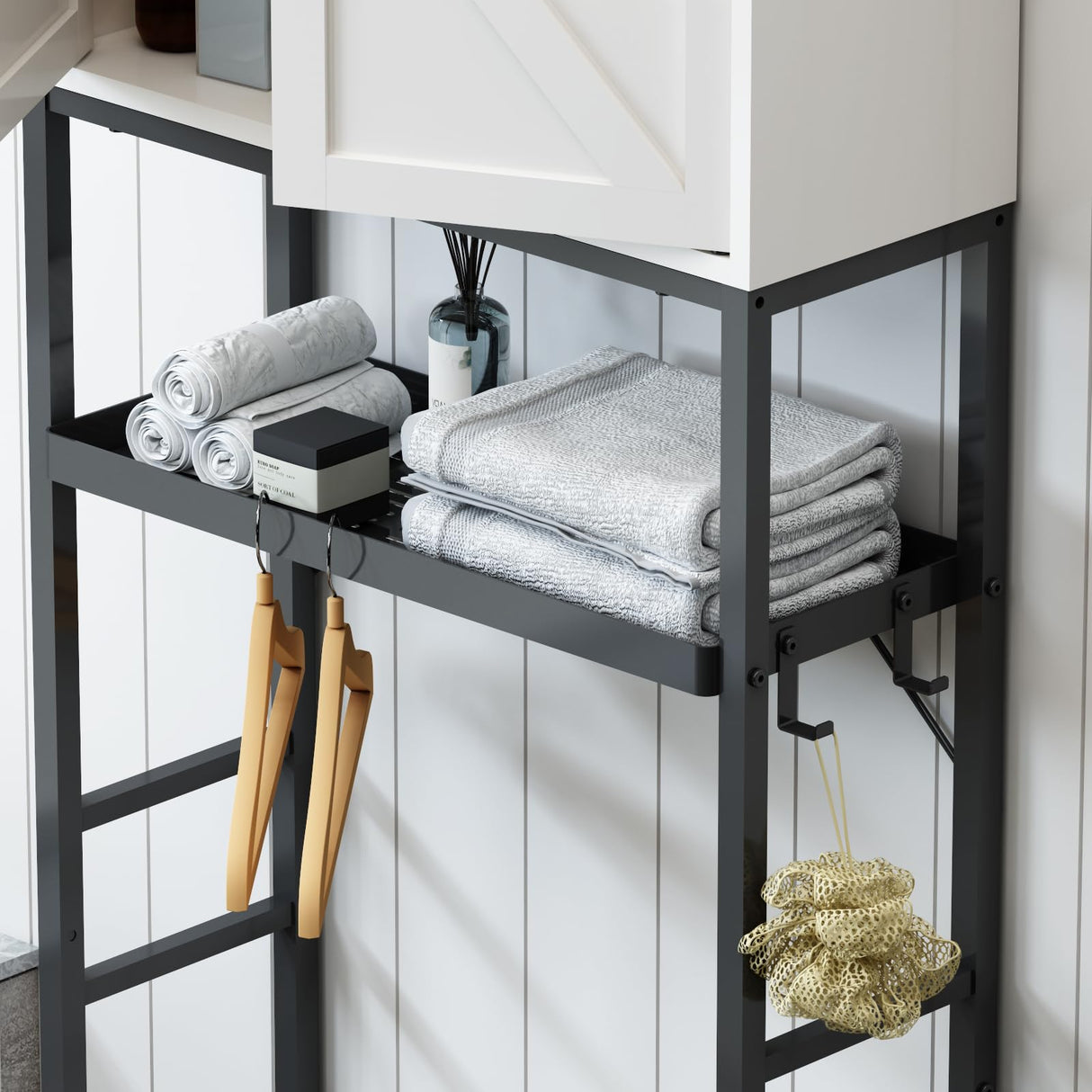 Timboniture Over The Toilet Storage Cabinet, Bathroom Above Toilet Cabinet Organizer with Doors and Adjustable Shelves, Bathroom Shelf Organizer with Anti-Tip Device & Drain Rack, White Timboniture