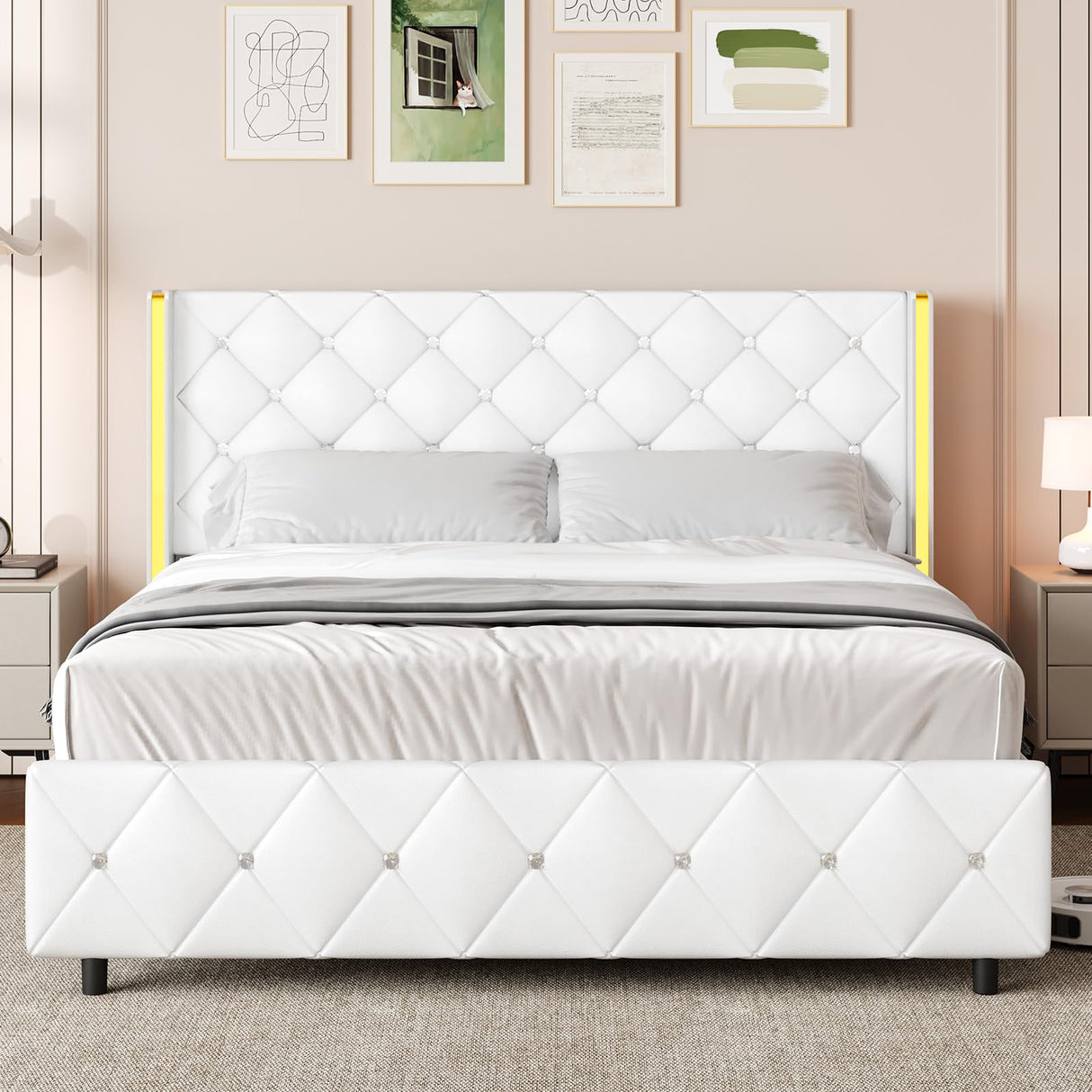 Full Bed Frame with Headboard, PU Leather Platform Bed with Wingback, Modern Bed Frame with Diamond Tufted, No Box Spring Needed, Easy Assembly, White HOMBCK