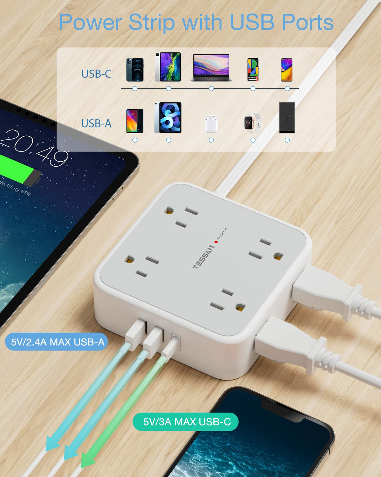 Surge Protector Flat Extension Cord Flat Plug Power Strip, 8 AC Outlets, 3 USB Charger(1 USB C Port) 3-Sided Outlet Extender, 5 Ft, 900 Joules Protection, Office Supplies, Dorm Room Essentials, Grey TESSAN