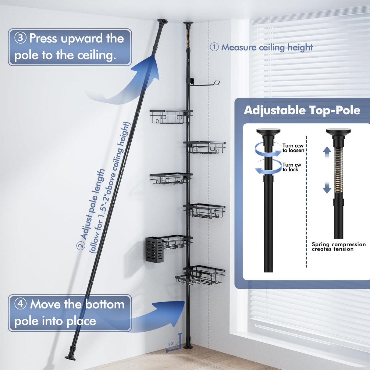 Shower Caddy Organizer Tension Pole, Rustproof 6-Pack Corner Shelf with 30-120 Inch Adjustable Shower Rack for Inside Shower, Extra Towel Bar & Soap Dish for Bathroom Organizers and Storage, Black Vatex
