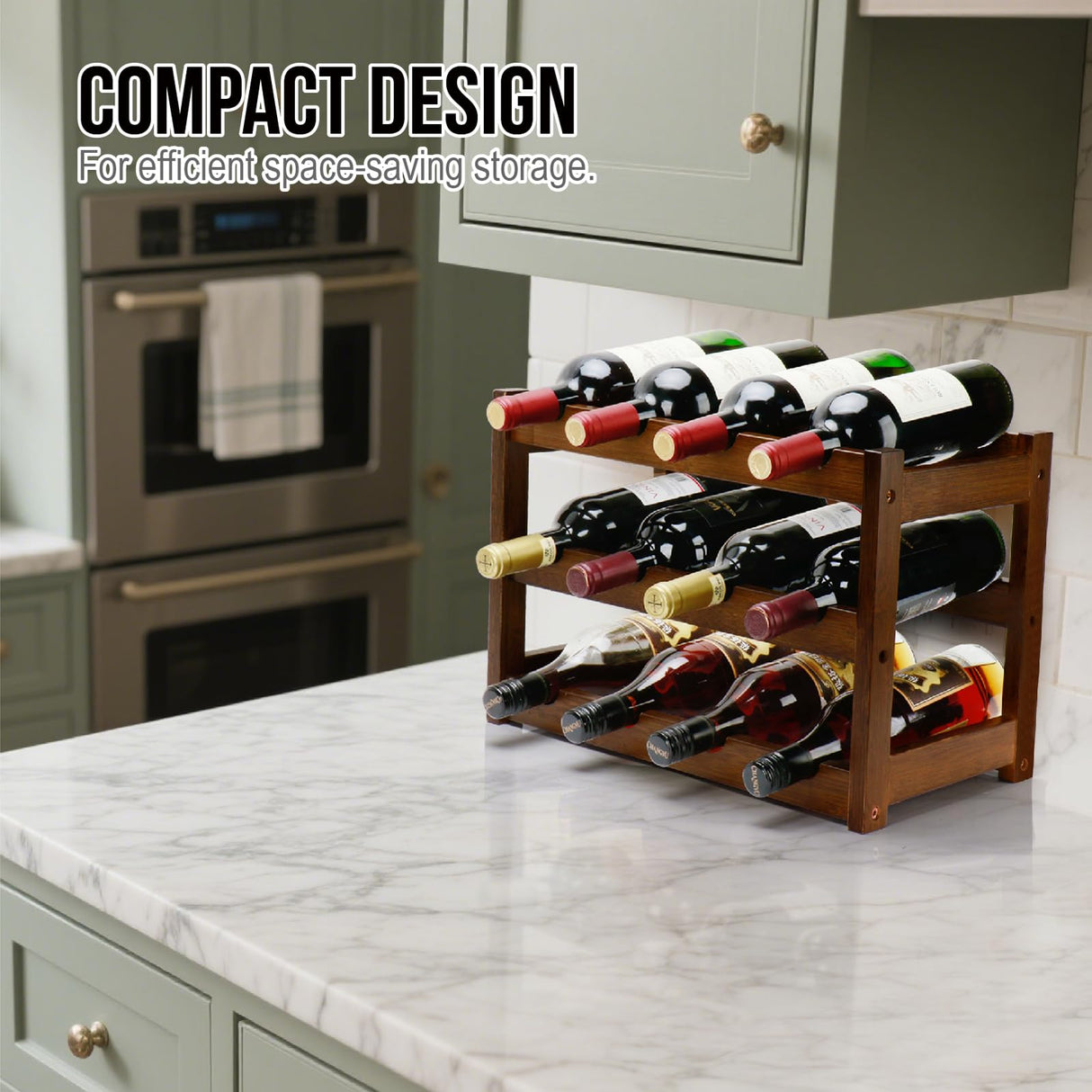 Thalomely Bamboo Wine Rack, 3-Tier 12 Bottles Wine Storage Cabinet Shelf, Easy-Assembly Freestanding Bamboo Wine Racks Countertop for Kitchen Pantry Dining Room Bar, Walnut Thalomely