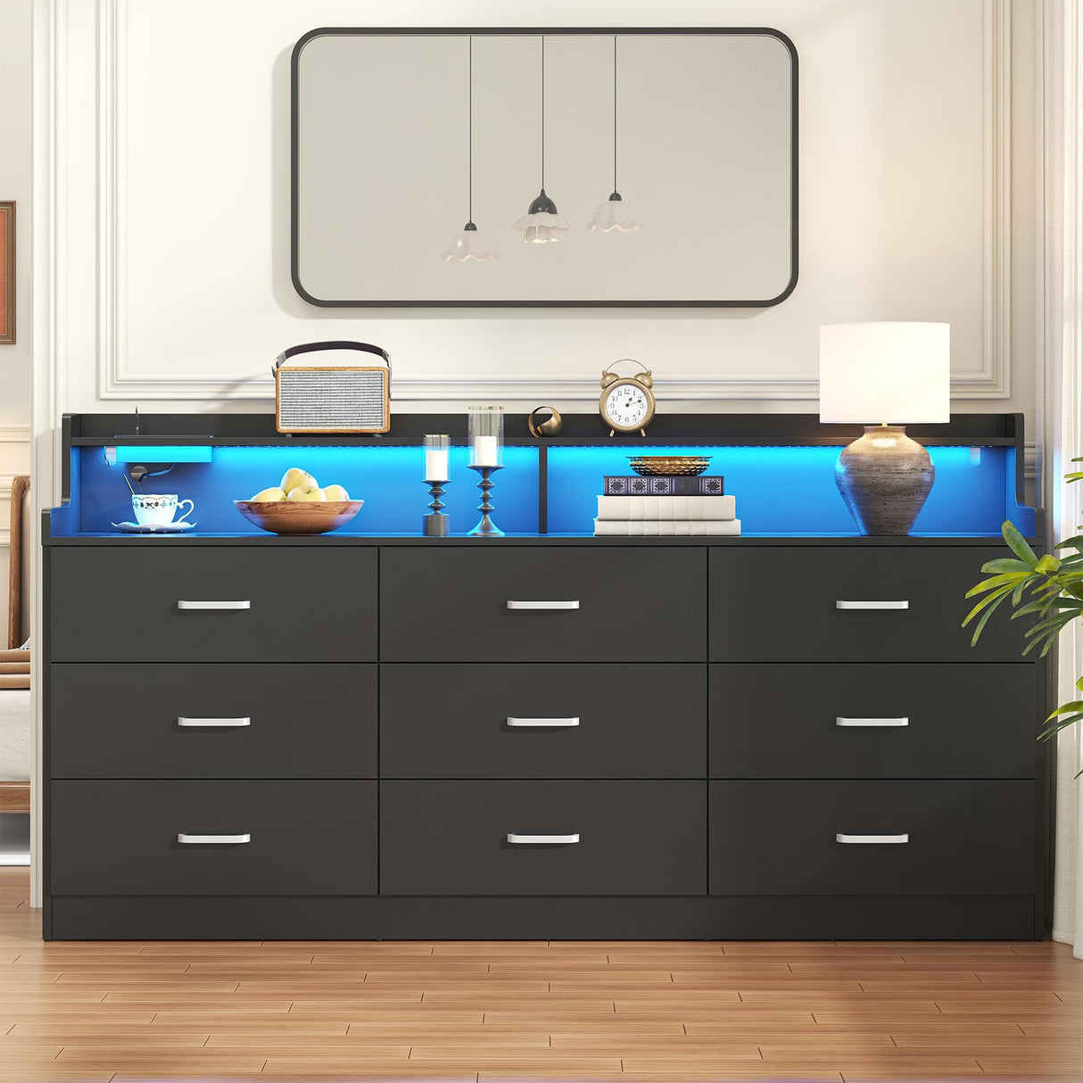Bigbiglife 9 Drawer Dresser with Built in Power Outlet and LED Light, Modern Chest of Drawers for Bedroom, Triple Wide Drawer Organizer Cabinet for Living Room, Entryway, Hallway, Black Bigbiglife