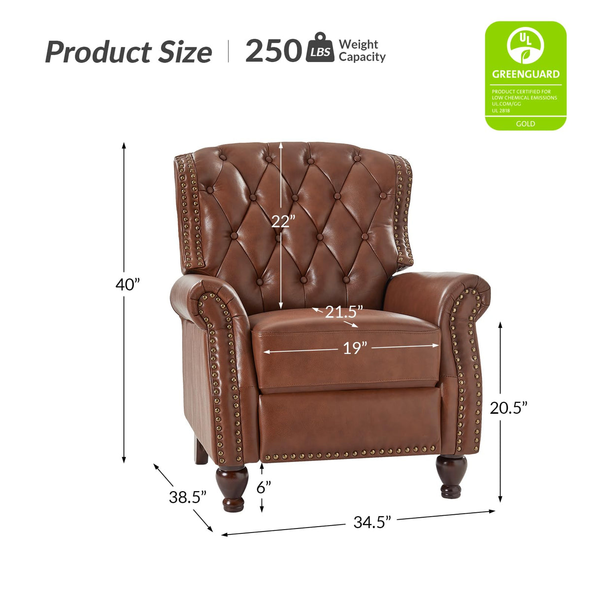 HULALA HOME Genuine Leather Recliner Chair Set of 2 w/Solid Wood Feet, Modern Adjustable Tufted Push Back Arm Chair w/Rivet Decoration, Home Theater Seating Reclining Sofa for Living Room, Brown HULALA HOME