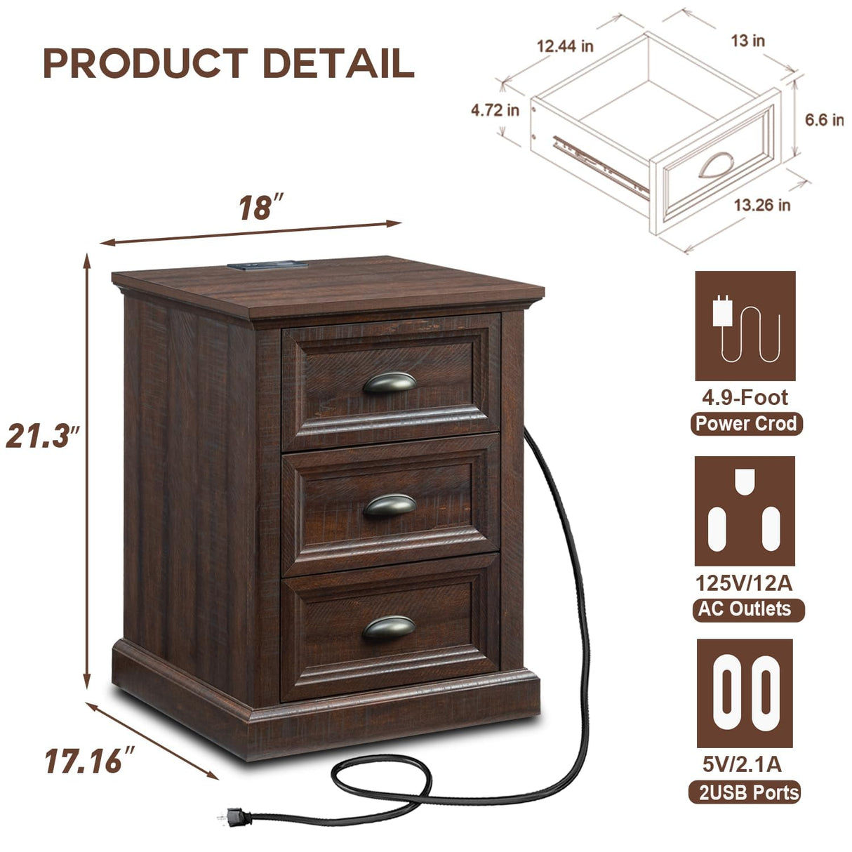 IFGET Farmhouse Nightstand with Charging Station, 3 Drawer Dresser for Bedroom, Rustic Wood Bedside Table with Drawers, Small End Table Side Table for Living Room, Closet, Hallway, Brown IFGET