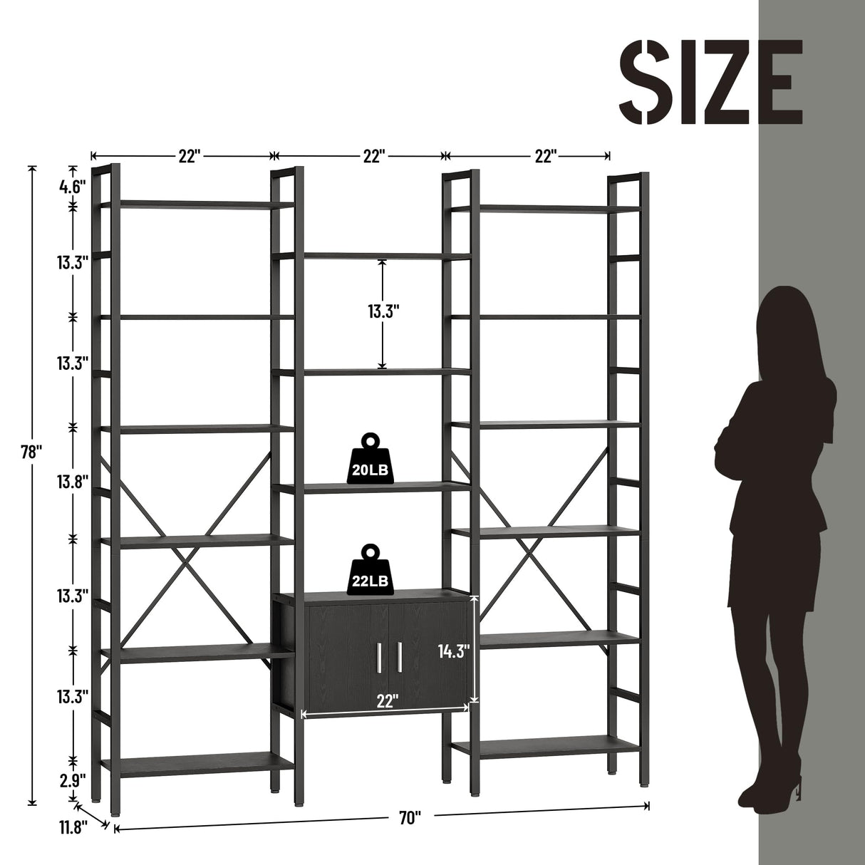 astimey 70x78 “ Triple 6 Tier Book Shelf, Industrial Large Bookcase with Storage Cabinet, Tall Bookshelf with 16 Open Display Shelves Metal Frame Furniture for Living Room Bedroom Home Office Black astimey