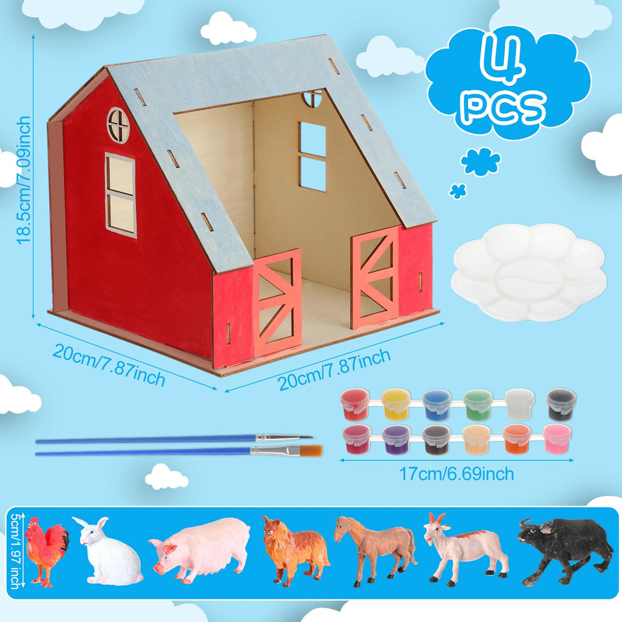 DoubleFill 4 Set DIY Wooden Barn Craft Kits for Kids Party Favors Farm Animals House Toys Large Wooden Barn with Animal Play Figures Horses Stablemates Paint Easter Birthday Gifts for Toddler DoubleFill