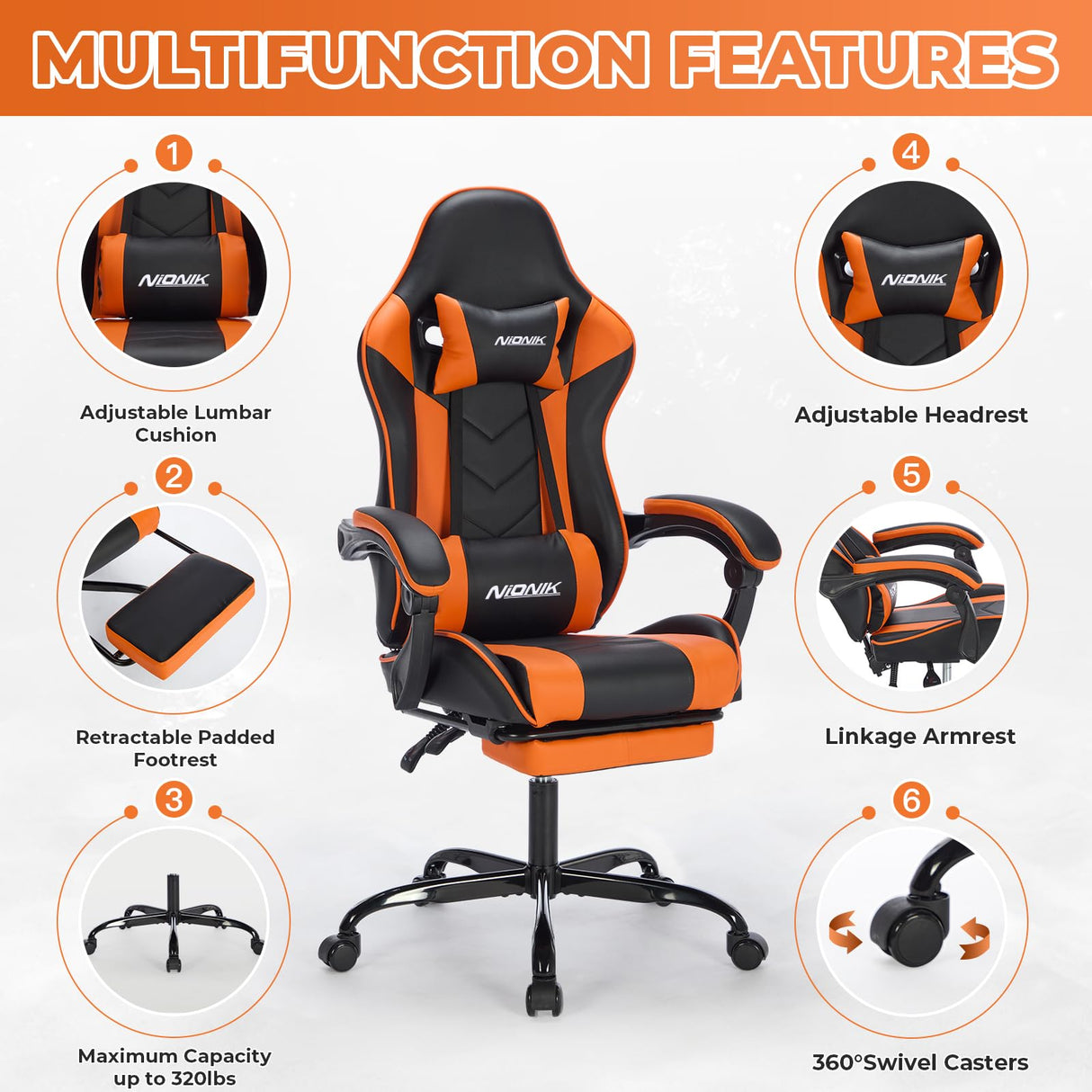 Gaming Chair with Footrest and Massage Lumbar Support, Ergonomic Computer Chair Height Adjustable with Swivel Seat and Headrest, Video Game Chair Swivel Computer Recliner for Adults NIONIK