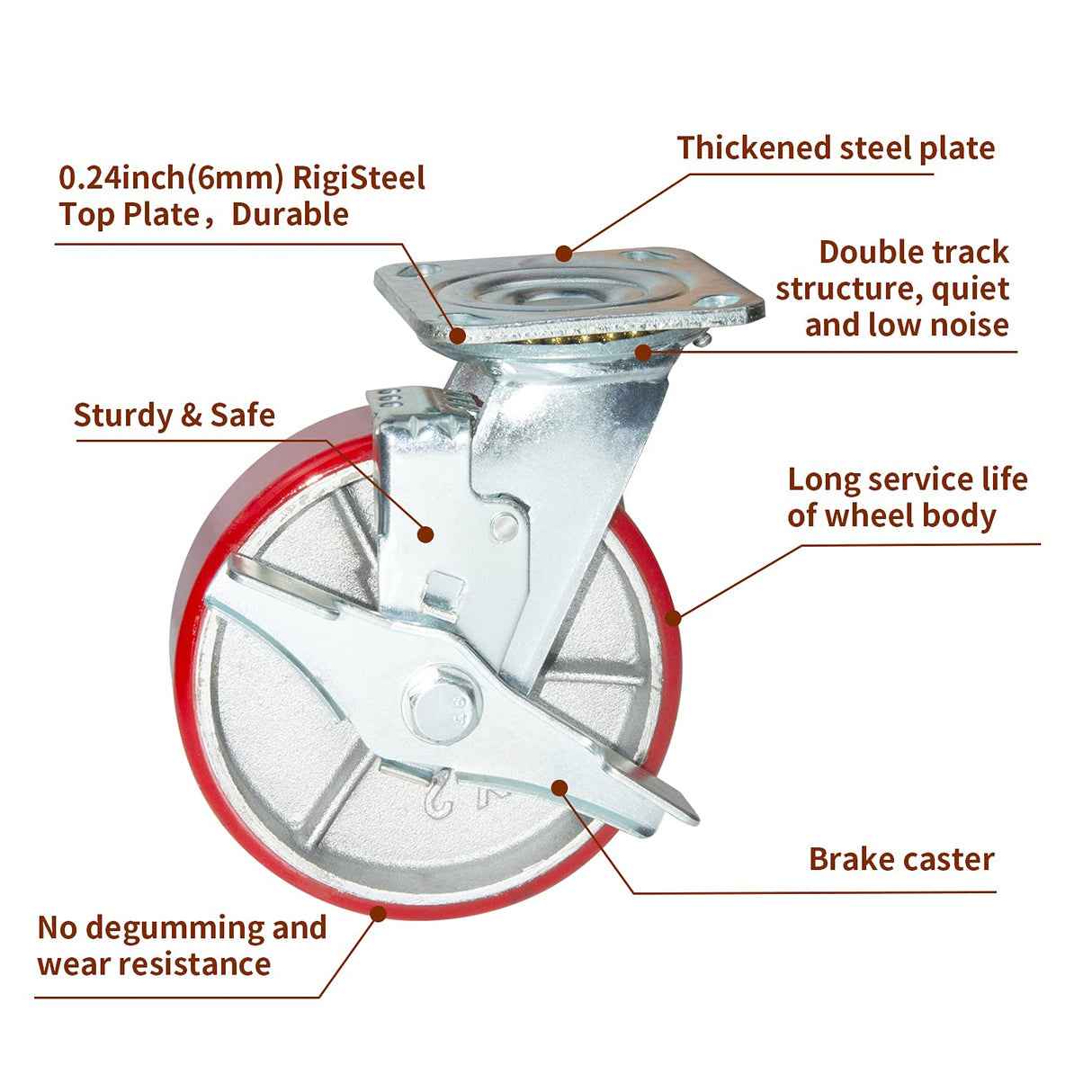 Nisorpa 6 inch Heavy Duty Casters Set of 4 Swivel Steel Wheels Red Polyurethane Lockable Caster Wheels for Industrial Trailer, Furniture - 2 with Brakes and 2 without Brakes Nisorpa