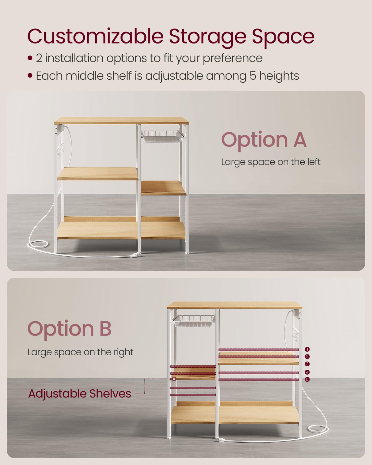 VASAGLE Baker's Rack, Coffee Bar Stand with Charging Station, Storage Shelves, Pull-Out Wire Basket, Table for Microwave, Kitchen, Oak Beige UKKS036Y09, 15.7 x 35.4 x 35.6 Inches VASAGLE
