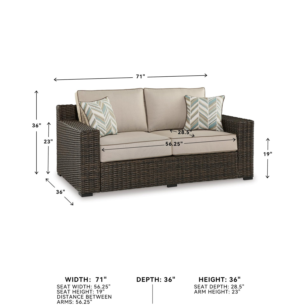 Signature Design by Ashley Coastline Bay Casual Weather Resistant Outdoor Loveseat with Cushion and 2 Throw Pillows, Beige & Dark Brown Signature Design by Ashley