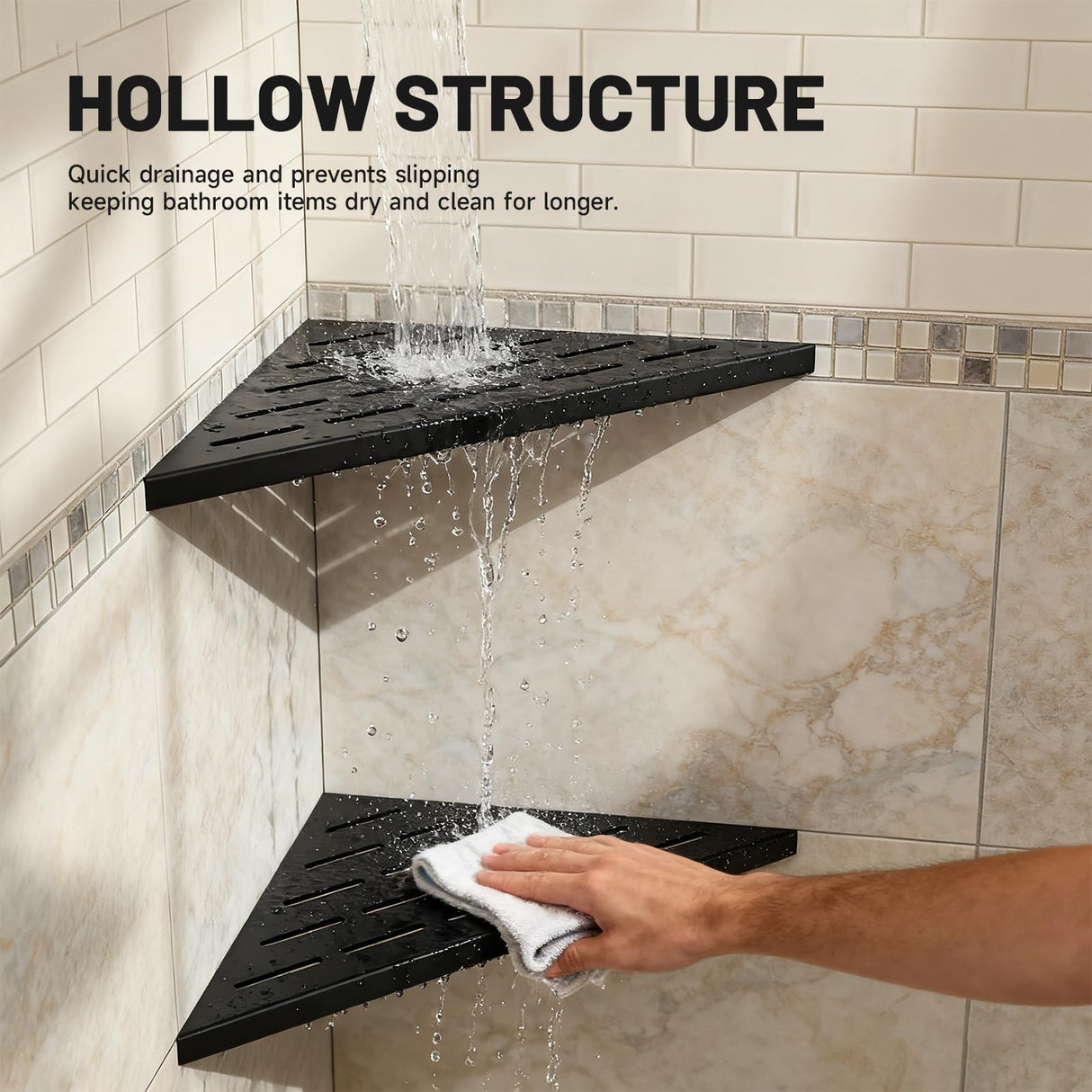 BATHLAVISH Corner Shower Shelves 10" Matte Black, 2 Pack 304 Stainless Steel Shower Corner Shelf Recessed Slot Design, Wall Mount Triangle Shower Caddy for Bathroom, Kitchen Organization BATHLAVISH