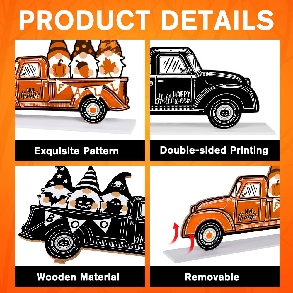 DULEFUN Halloween Fall Wooden Table Sign Decorations Double-sided Halloween and Thanksgiving Gnome Truck Sign Tabletop Ornaments for Autumn Harvest Party Home Farmhouse Decorations Supplies DULEFUN