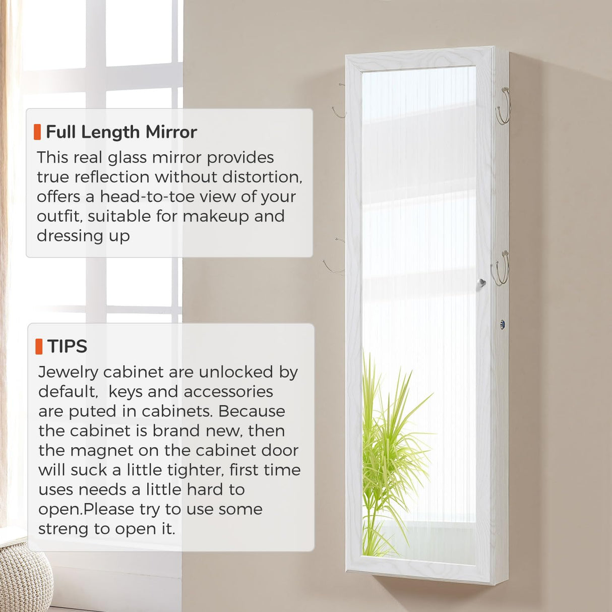 GISSAR Jewelry Mirror Armoire Wall Mount Over The Door Cabinet Storage Organizer Lockable Full Length Door Mirror(White) GISSAR