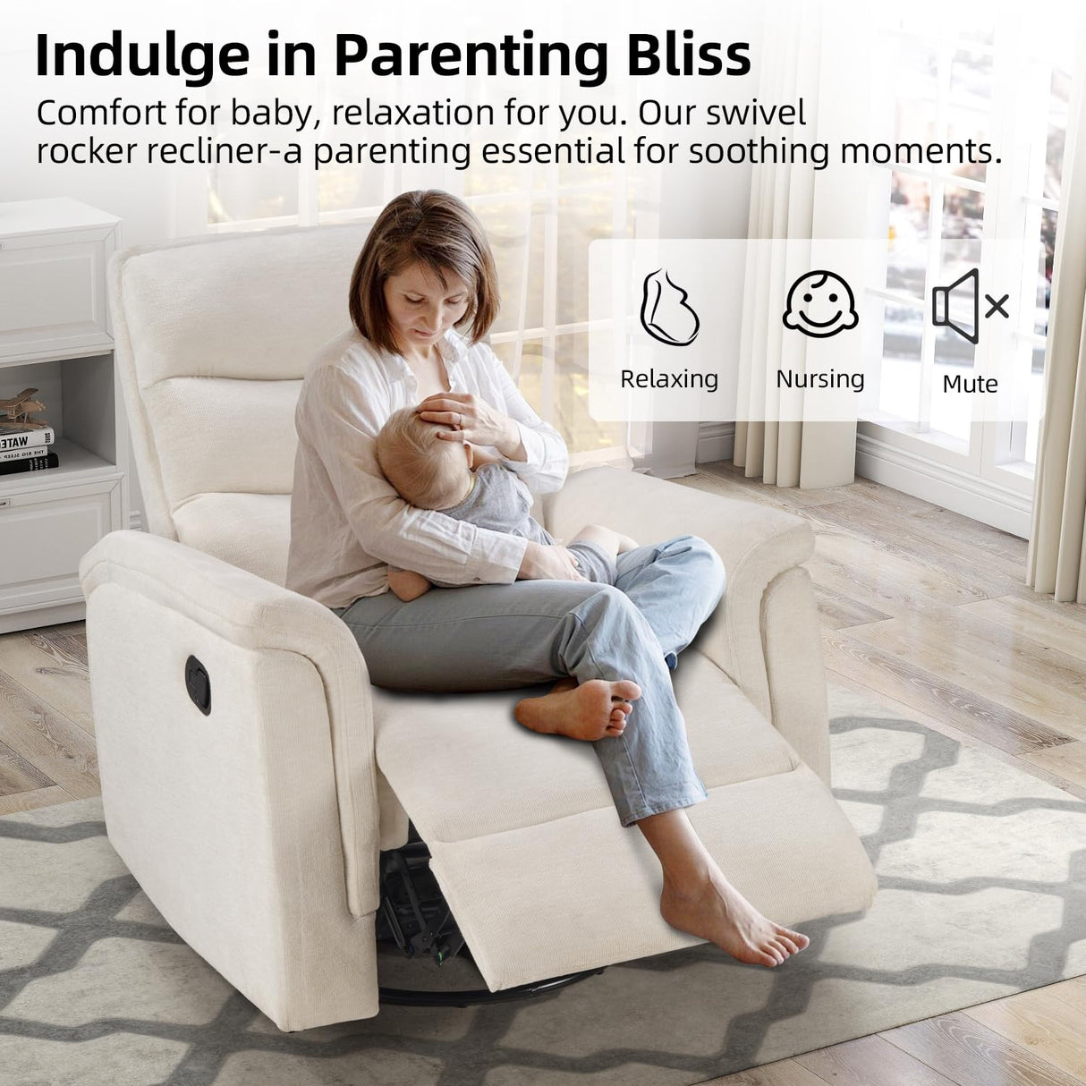INZOY Swivel Rocker Recliner, Nursery Glider Chair, Manual Chairs Swivel Glider Recliners with Soft Backrest, Fabric Manual Reclining Sofa for Living Room Bedroom Apartment, Beige INZOY